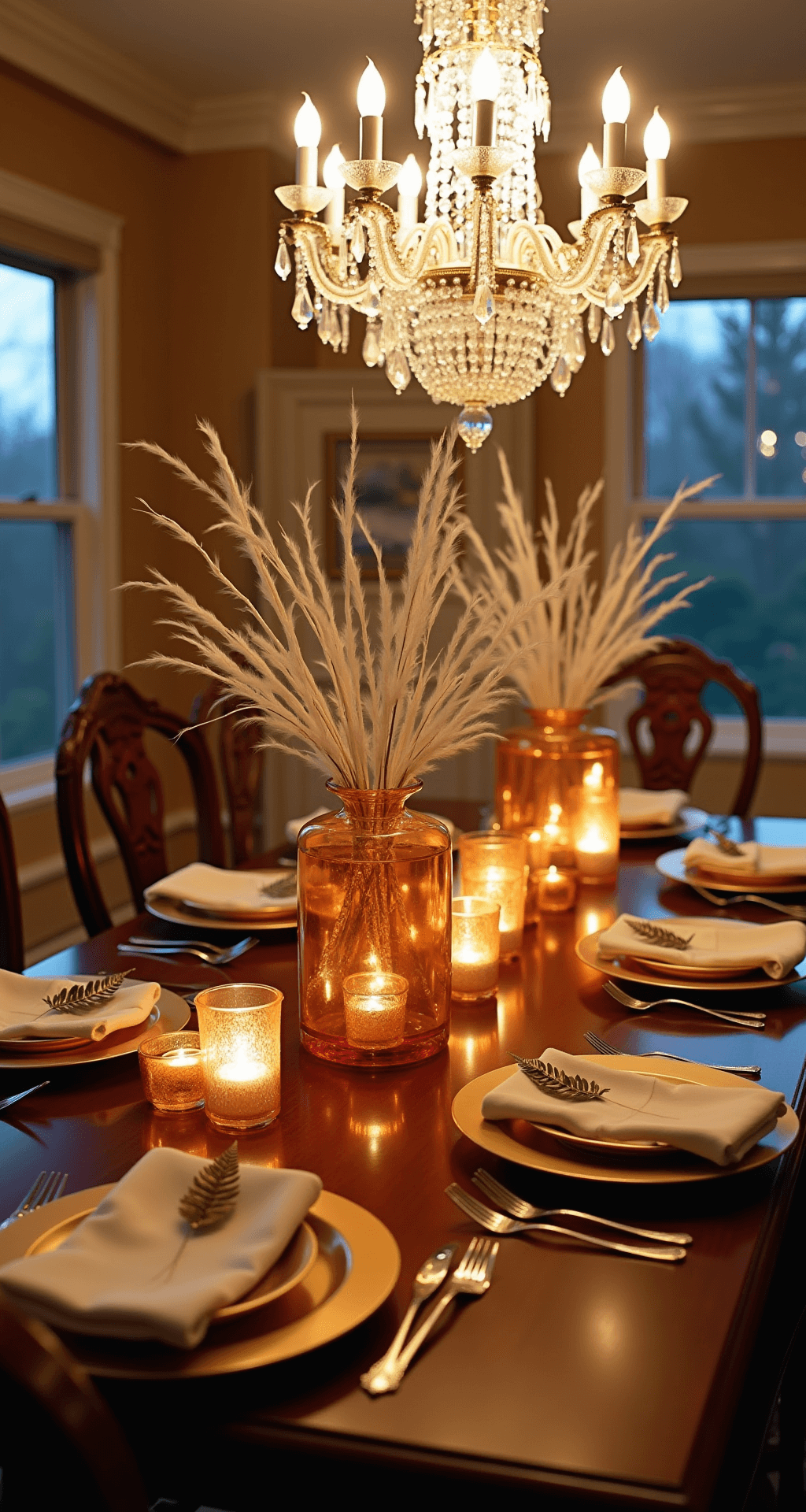 A luxurious formal dining room at dusk, featuring a crystal chandelier illuminating a mahogany table adorned with an elevated centerpiece of white branches and gold-dipped feathers, complemented by amber glass hurricanes and floating candles, alongside elegant place settings of gold chargers and cream china against a backdrop of warm ambient lighting from scattered mercury glass votives.
