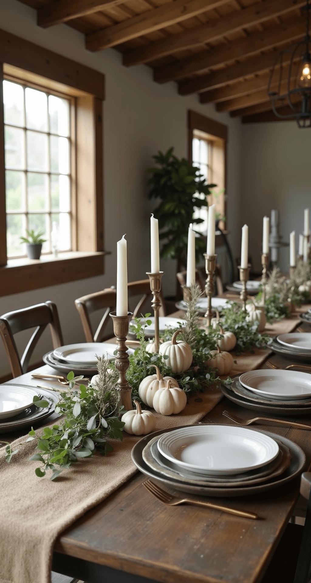 Rustic farmhouse dining space with exposed beams illuminated by mid-morning light, featuring a reclaimed wood table set with a burlap runner and greenery garland, adorned with white pumpkins, antique brass candlesticks, and foraged branches, complemented by wooden chargers, cream stoneware, and sage green linen napkins.