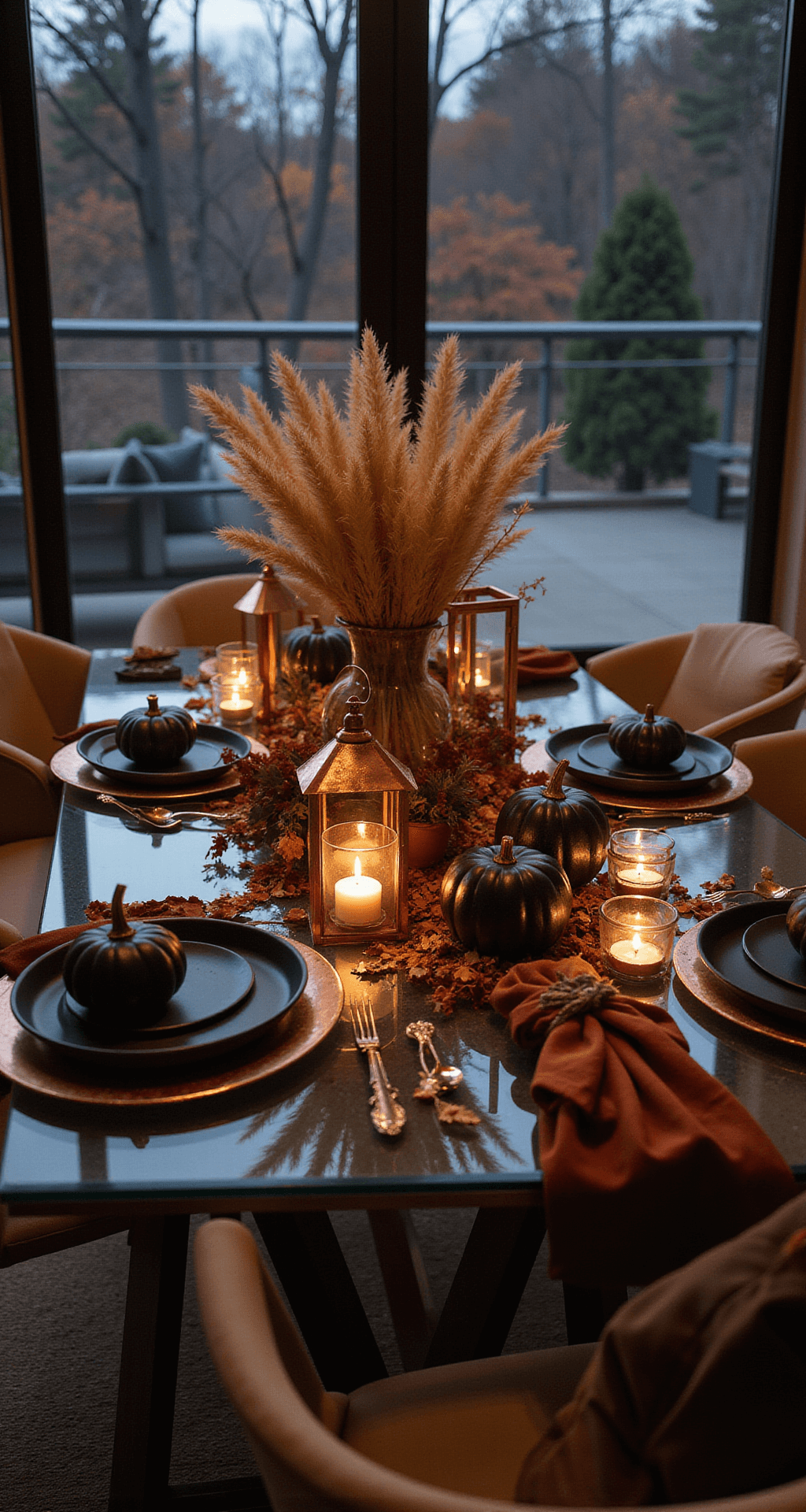 Intimate twilight dining alcove featuring a modern glass table with dried pampas grass, copper lanterns, and black matte pumpkins. The table is set with copper chargers, black stoneware, and rust-colored velvet napkins, surrounded by metallic leaves and tea lights creating a warm ambiance. The image is shot from above, highlighting a contemporary autumn palette of black, copper, and rust.