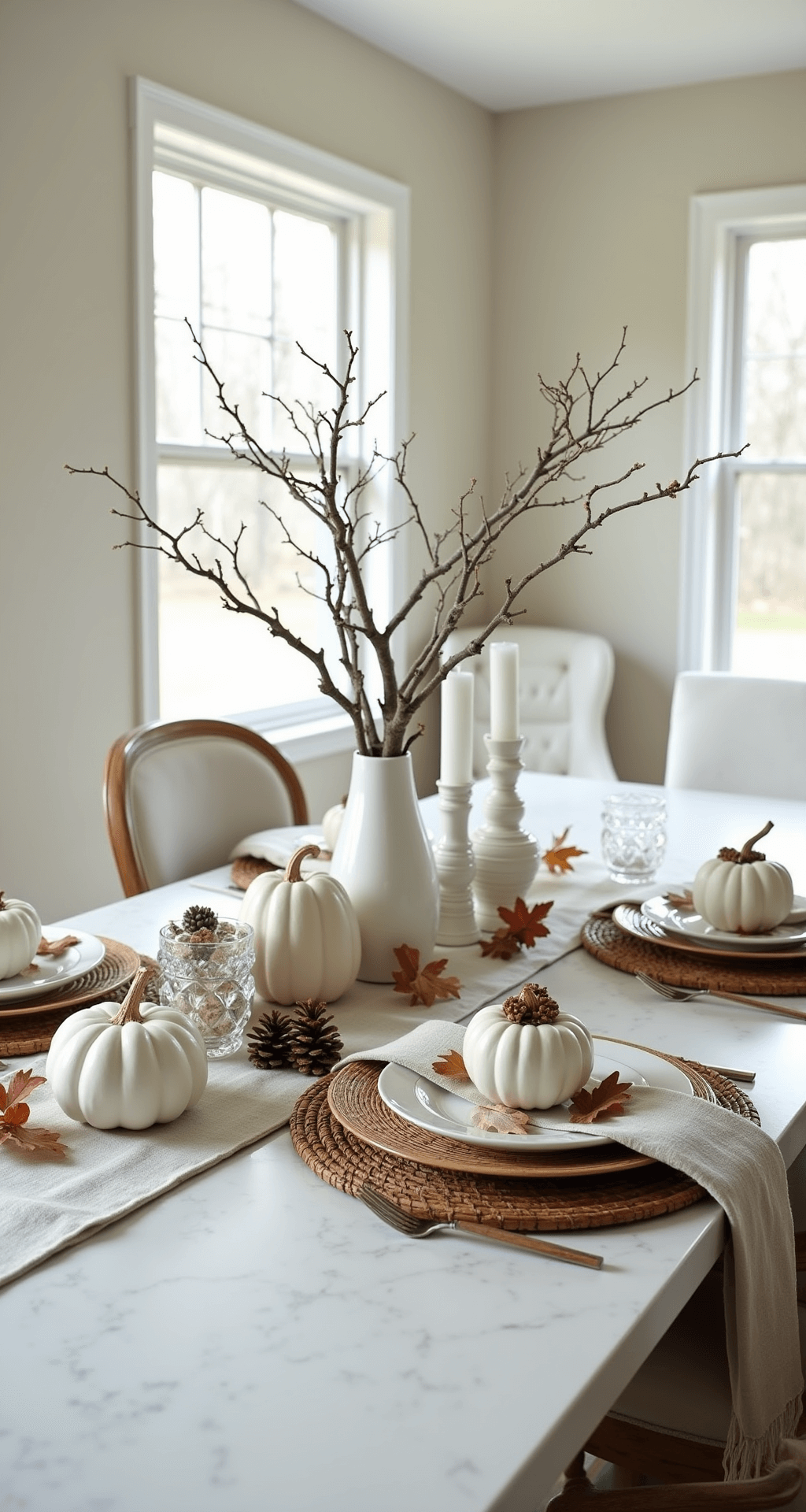 Airy breakfast room with a white marble table featuring an organic centerpiece of bleached branches, white ceramic pumpkins, and crystal candlesticks. The table is set with rattan chargers, white pottery, and natural linen napkins tied with leather. Scattered pinecones and dried oak leaves provide texture, all captured in soft morning light.