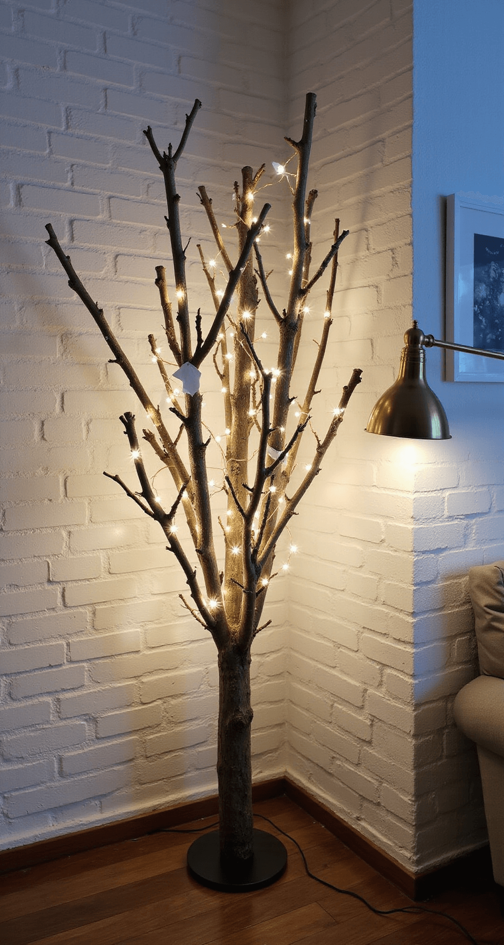 Minimalist Christmas Tree: Your Ultimate Guide to Stylish, Stress-Free Holiday Decor Intimate urban apartment corner with a DIY branch tree installation made of naturally weathered branches, adorned with copper wire lights and minimal white paper ornaments, against a white brick wall. Dark hardwood floors and a modern brass floor lamp add warmth, captured in shallow depth of field during blue hour.