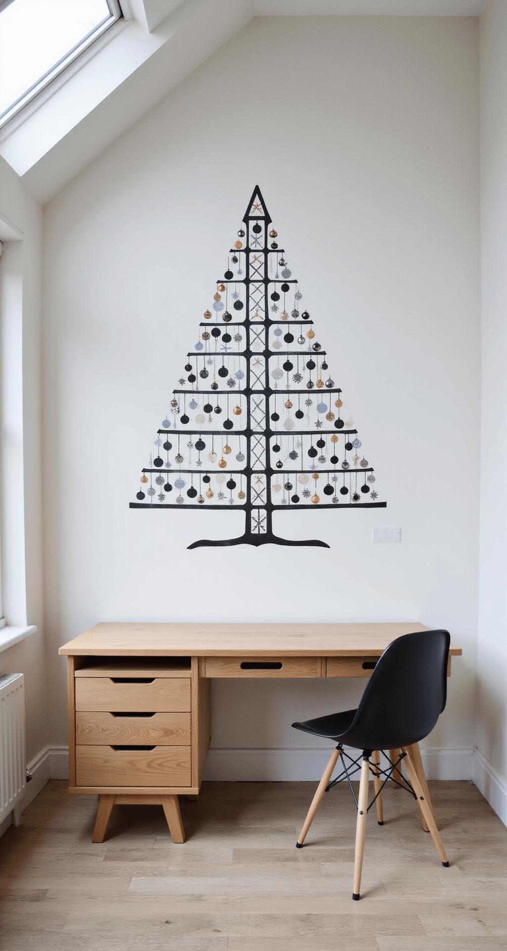 Minimalist Christmas Tree: Your Ultimate Guide to Stylish, Stress-Free Holiday Decor Contemporary home office with geometric wall-mounted Christmas tree made of black washi tape, decorated with metallic baubles. A minimalist oak desk and Eames chair complement the clean white walls, with natural light from a skylight creating dramatic shadows.