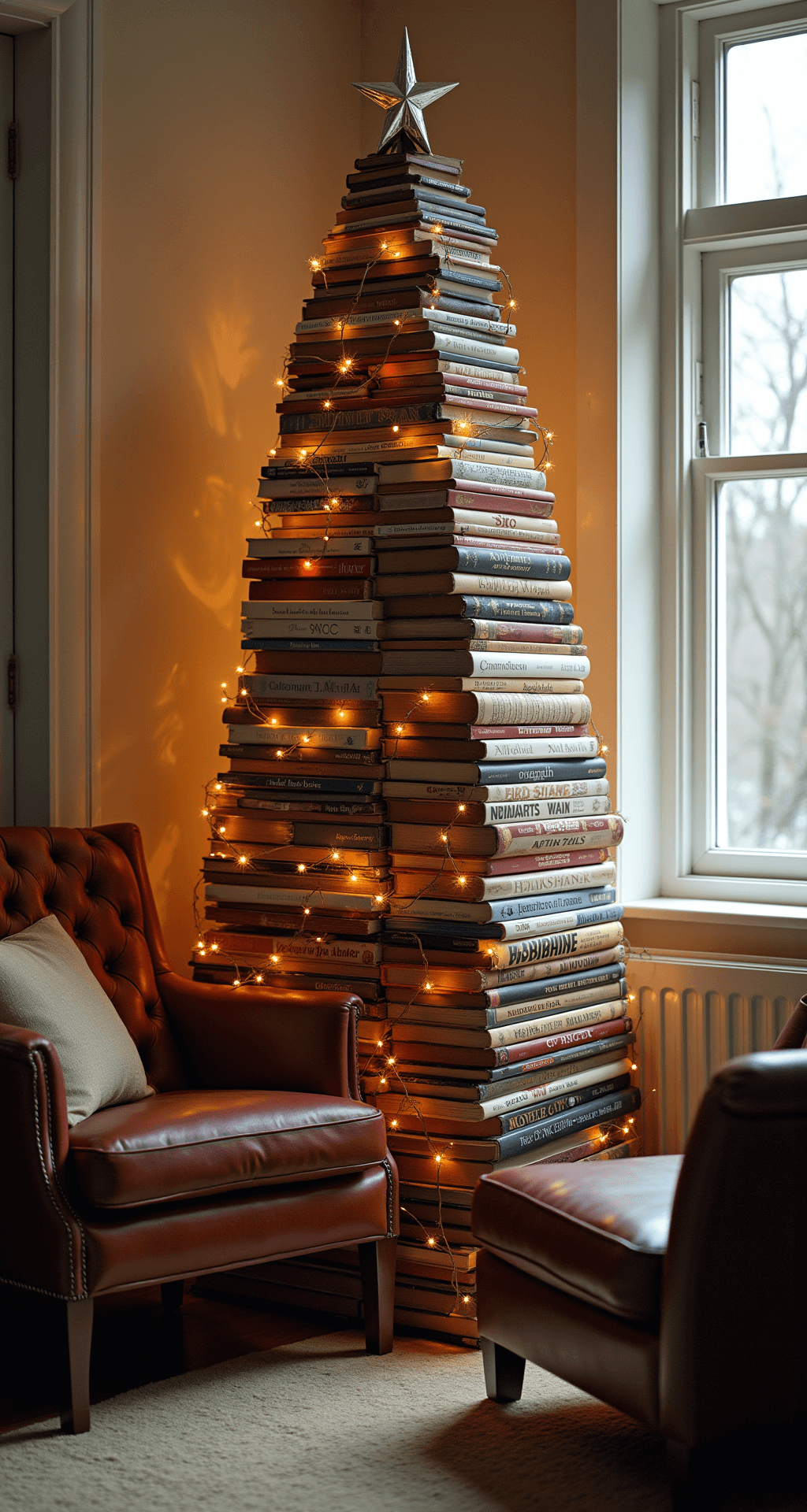 Minimalist Christmas Tree: Your Ultimate Guide to Stylish, Stress-Free Holiday Decor A cozy 9x11ft reading nook featuring an innovative Christmas tree made of stacked coffee table books in a triangular arrangement, topped with a silver star. The scene includes a vintage leather armchair, a warm wool rug, and fairy lights woven through the books, all bathed in afternoon light, captured from a 45-degree elevated angle.