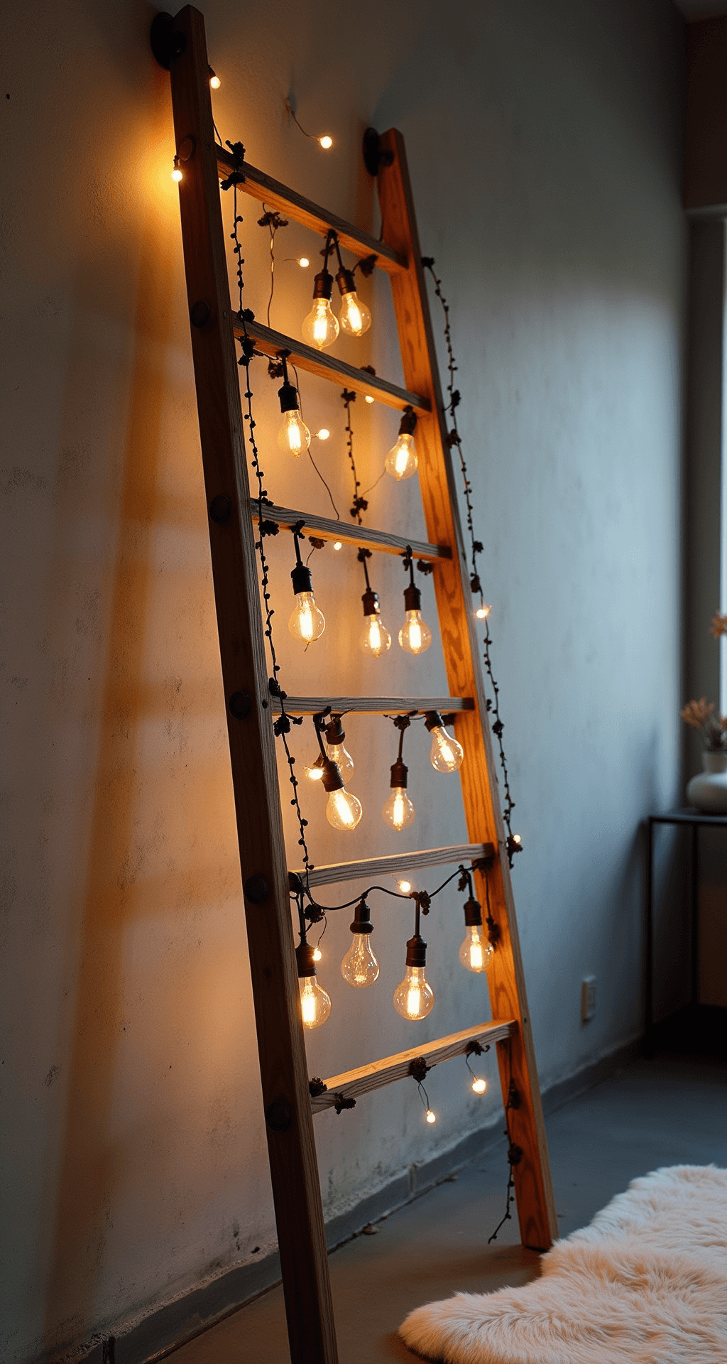 Minimalist Christmas Tree: Your Ultimate Guide to Stylish, Stress-Free Holiday Decor A modern loft space featuring a 6ft wooden ladder tree adorned with matte black and copper ornaments against an exposed concrete wall, illuminated by cascading Edison bulb string lights. A cozy sheepskin rug and a metal side table complement the scene, captured at dusk from a side angle to highlight vertical lines and warm/cool color contrasts.
