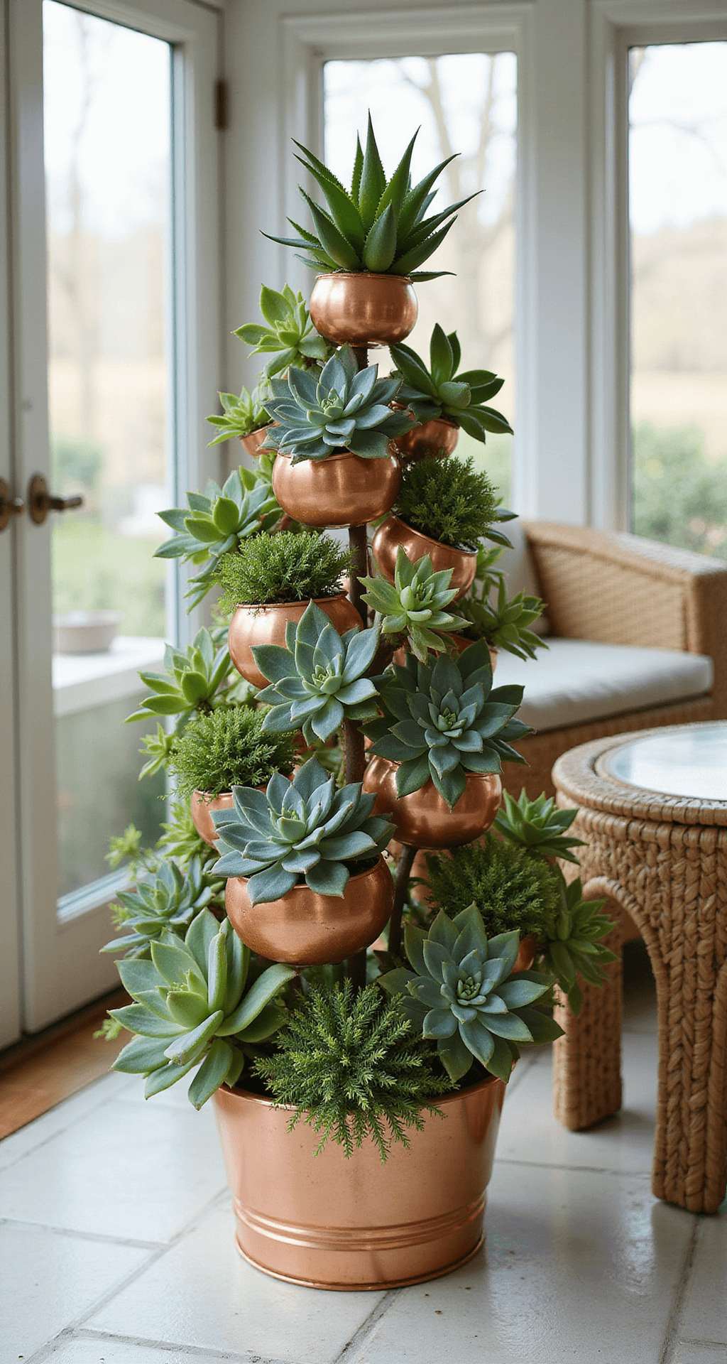 Minimalist Christmas Tree: Your Ultimate Guide to Stylish, Stress-Free Holiday Decor A bright sunroom with a succulent Christmas tree arrangement in tiered copper planters, illuminated by delicate micro LED lights, featuring a white penny tile floor and rattan furniture, captured with macro focus on the succulents.