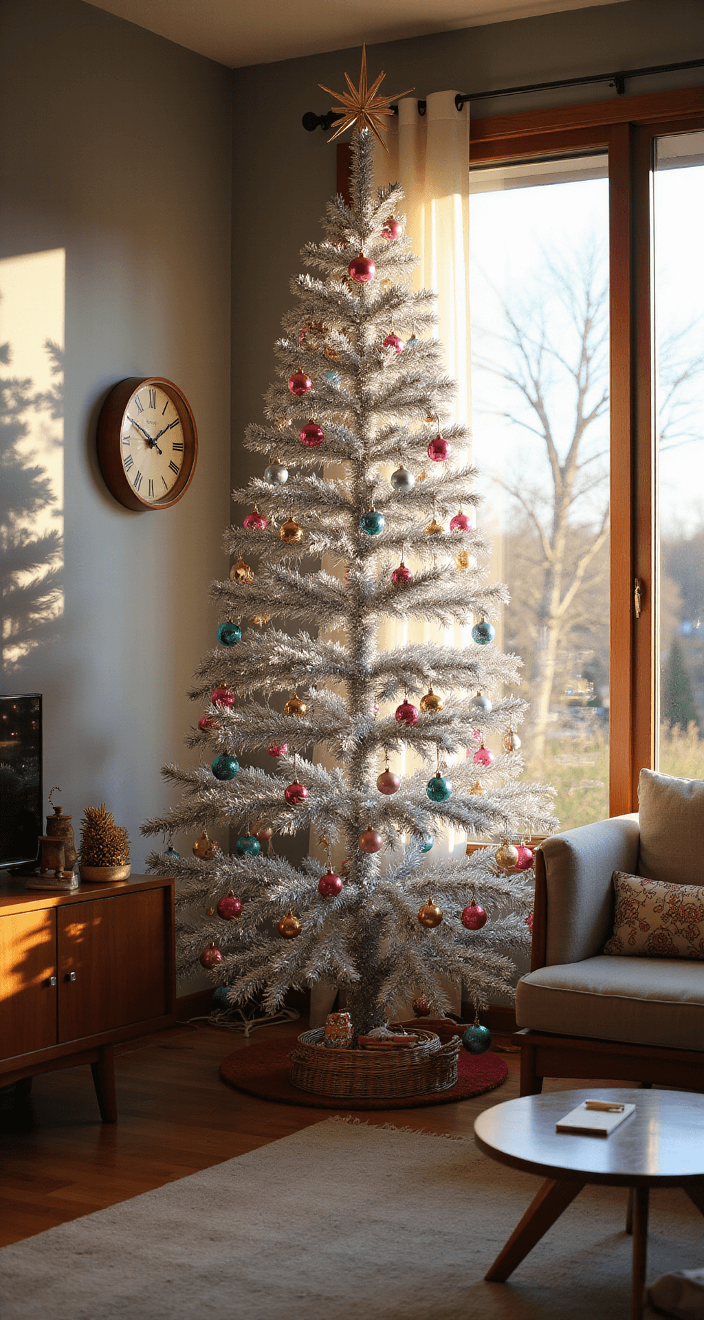 Tinsel Christmas Trees: A Sparkling Journey Through Holiday Glamour A sun-filled mid-century modern living room featuring a 6ft silver tinsel Christmas tree adorned with vintage pink and turquoise ornaments, set against a warm grey wall. The room is illuminated by golden hour sunbeams streaming through floor-to-ceiling windows, creating a magical sparkle effect, with period-authentic teak furniture and brass accents enhancing the atmosphere.