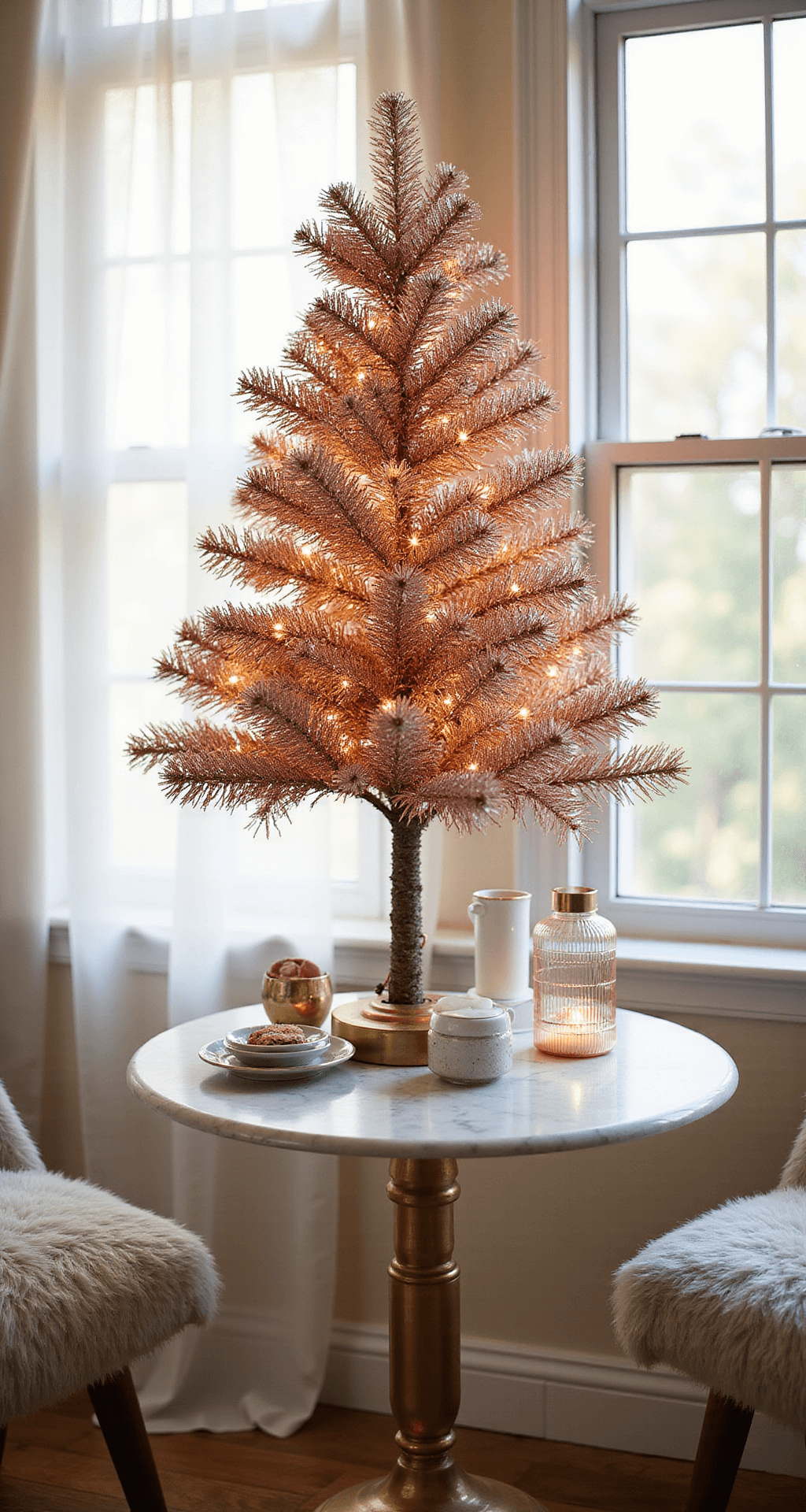 Tinsel Christmas Trees: A Sparkling Journey Through Holiday Glamour Cozy breakfast nook featuring a rose gold tinsel tabletop tree on a marble bistro table, surrounded by mercury glass ornaments and micro LED lights, illuminated by soft morning light filtering through sheer curtains.
