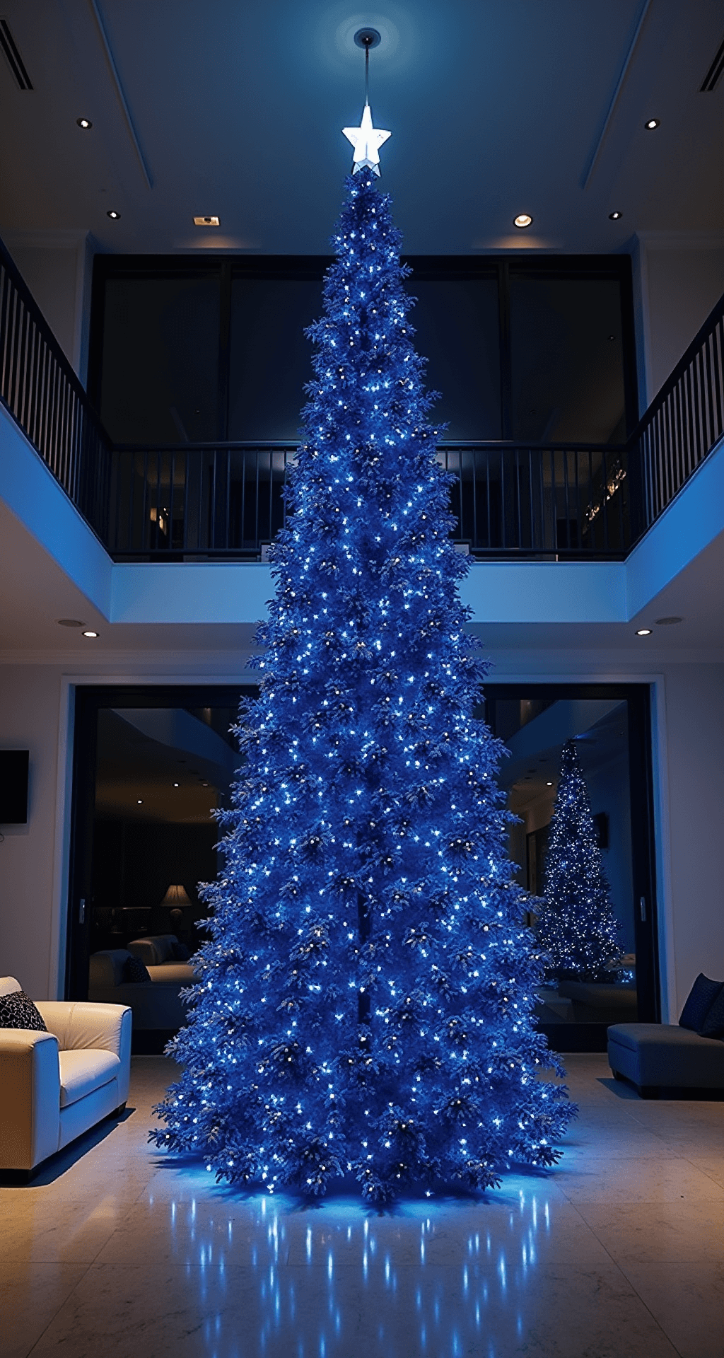 Tinsel Christmas Trees: A Sparkling Journey Through Holiday Glamour Dramatic nighttime view of a 20x15ft great room featuring a 7ft blue tinsel Hanukkah tree under cool white spotlights, surrounded by modern minimalist charcoal and cream furniture; crystal dreidel ornaments glimmer in the light, captured from a slight upward angle with long exposure to highlight the tinsel's shimmer.
