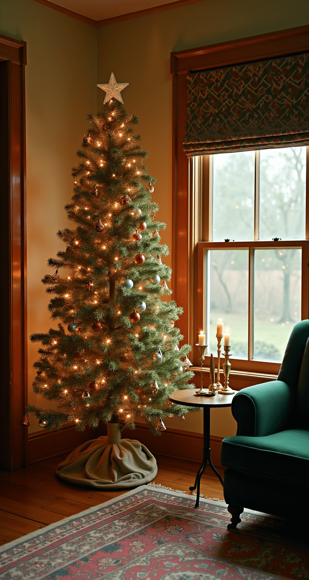 Tinsel Christmas Trees: A Sparkling Journey Through Holiday Glamour A vintage-inspired den with a 5ft champagne gold tinsel tree, warm late afternoon lighting, and colorful reflections from retro ceramic tree lights. The room features deep green velvet furniture and walnut wood accents, adorned with vintage ornaments and brass candlesticks. A wide-angle perspective captures the cozy atmosphere and intricate details of the tinsel tree.