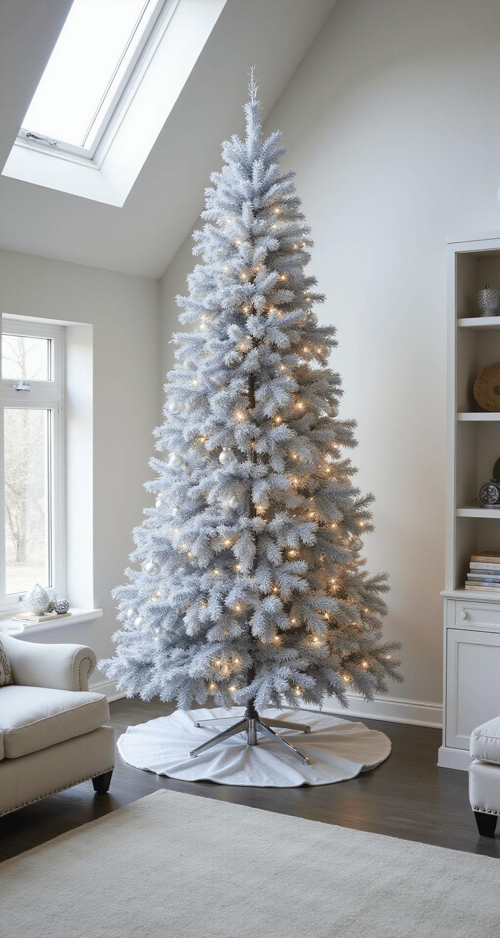 Tinsel Christmas Trees: A Sparkling Journey Through Holiday Glamour A contemporary open-concept space featuring a 6ft silver and white ombré tinsel tree, surrounded by minimalist white furniture with chrome accents, illuminated by bright midday light from skylights, creating dramatic sparkles and reflections with clear glass ornaments and crystal garlands.