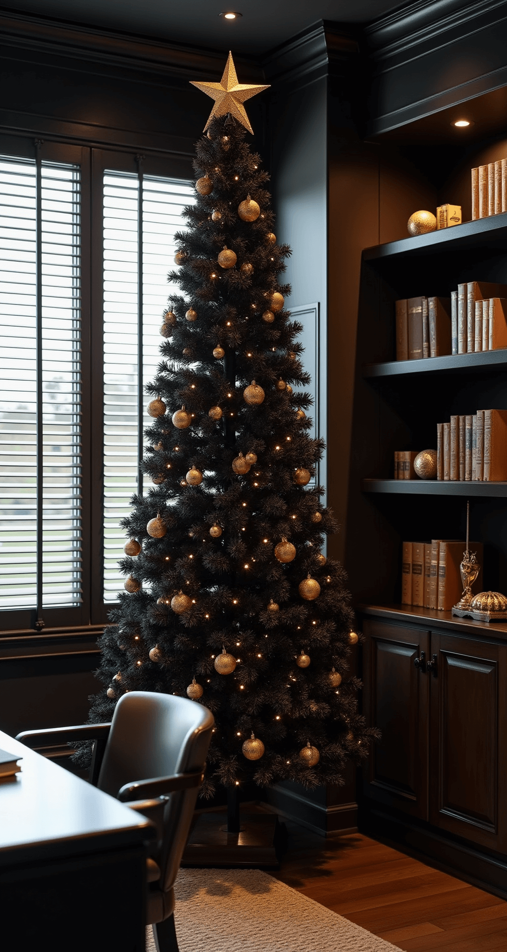 Tinsel Christmas Trees: A Sparkling Journey Through Holiday Glamour A sophisticated home office with a 4ft black tinsel tree adorned with gold accents, dark wood desk, leather chair, and built-in bookshelves, all enhanced by moody afternoon lighting and dramatic shadows.