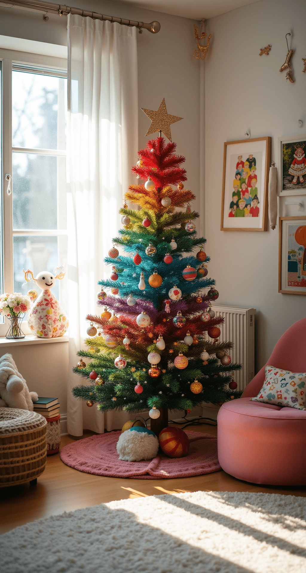 Tinsel Christmas Trees: A Sparkling Journey Through Holiday Glamour A bright and whimsical children's playroom featuring a 5ft rainbow tinsel tree surrounded by colorful LED lights, contemporary white furniture, handmade paper ornaments, and vintage tinsel garlands, captured from a child's eye level in morning light.