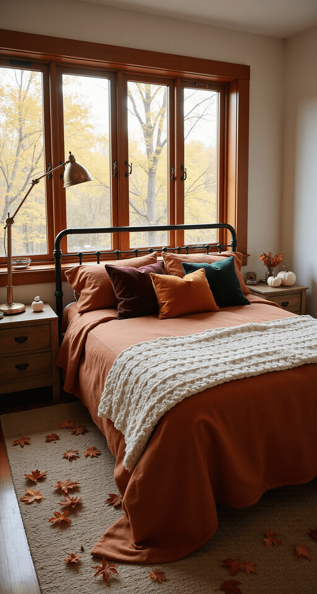 Cozy Fall Bedroom Decor: Transform Your Space with Warmth and Style Spacious 14x16ft bedroom in golden hour light, featuring a queen bed with rust-colored linen bedding, chunky cream knit throw, and velvet pillows in burnt orange, deep burgundy, and forest green. A vintage brass floor lamp adds warmth, with a wide-angle view from the corner showing rich textile textures. Scattered maple leaves and small white pumpkins decorate reclaimed wood nightstands.