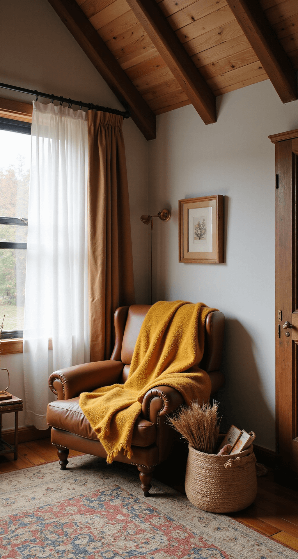 Cozy Fall Bedroom Decor: Transform Your Space with Warmth and Style A cozy 12x12ft bedroom with vaulted ceiling and exposed beams, featuring natural light streaming through sheer curtains. An oversized leather armchair draped in a mustard yellow mohair throw sits in a reading nook, surrounded by a woven basket of dried wheat, vintage books, and a copper lamp. The warm wood tones and earth-toned wall art enhance the autumnal feel.