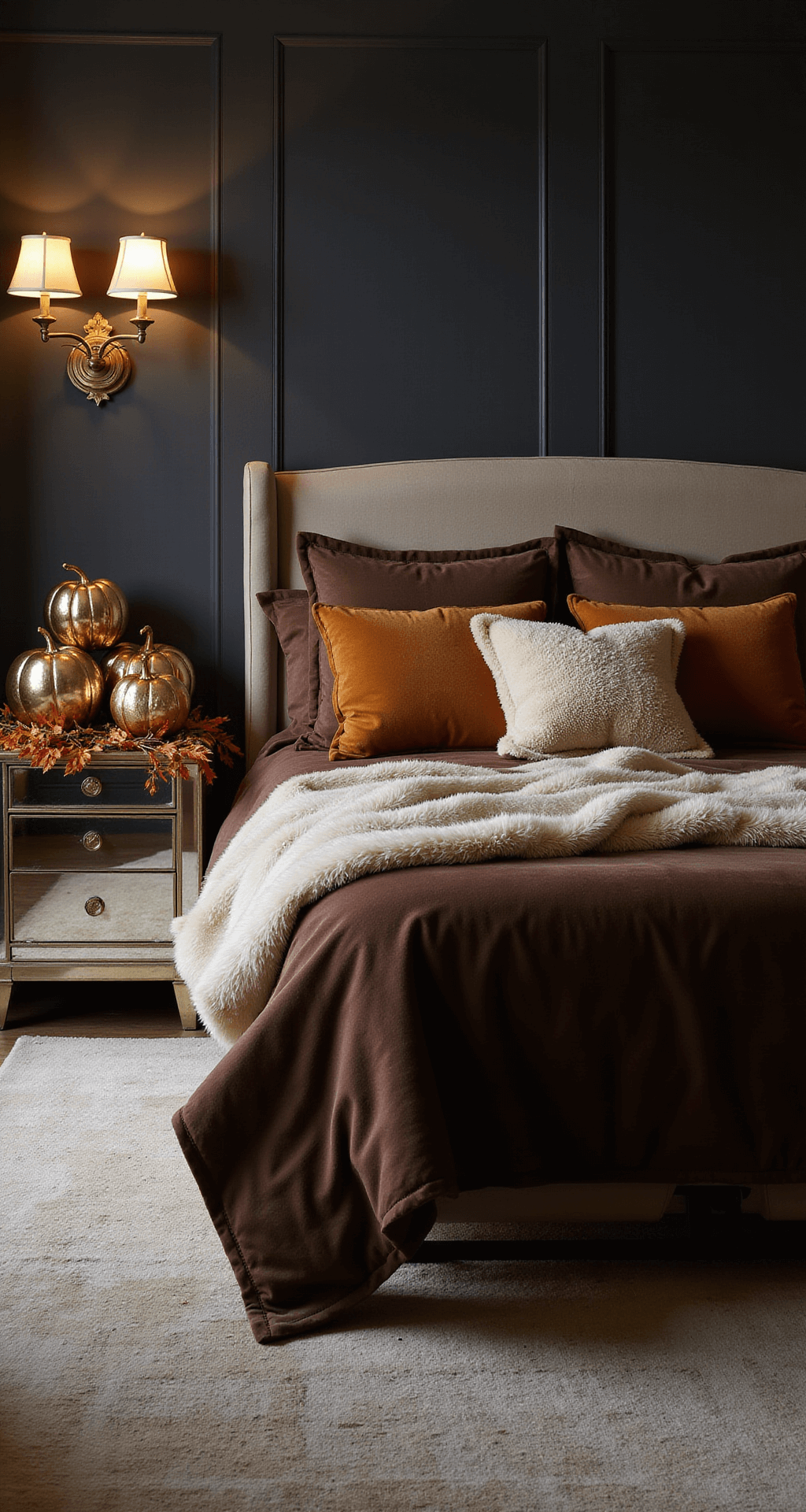 Cozy Fall Bedroom Decor: Transform Your Space with Warmth and Style Moody evening bedroom with dark charcoal walls, antique brass sconces casting dramatic light on a king bed with a chocolate brown velvet duvet and faux fur throws. Metallic pumpkins and fall foliage adorn mirrored nightstands, captured from a low angle for atmospheric depth.