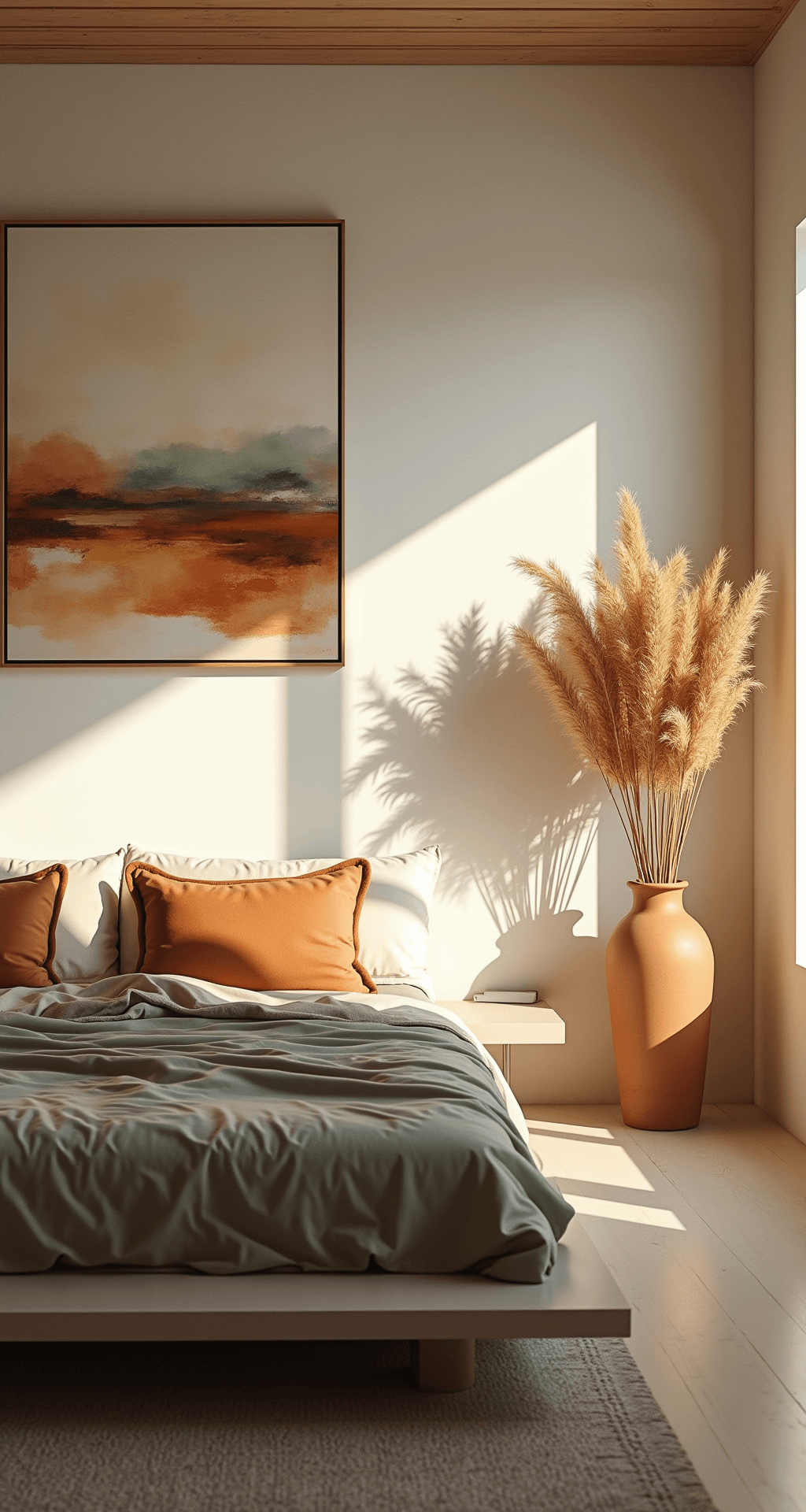 Cozy Fall Bedroom Decor: Transform Your Space with Warmth and Style Minimalist bedroom featuring a platform bed with layered terracotta, sage, and cream linens against a textured ivory wall, illuminated by late afternoon light. The space includes oversized abstract fall landscape art and asymmetrical arrangements of dried pampas grass in earthenware vases, with a high angle shot highlighting geometric composition and shadows.