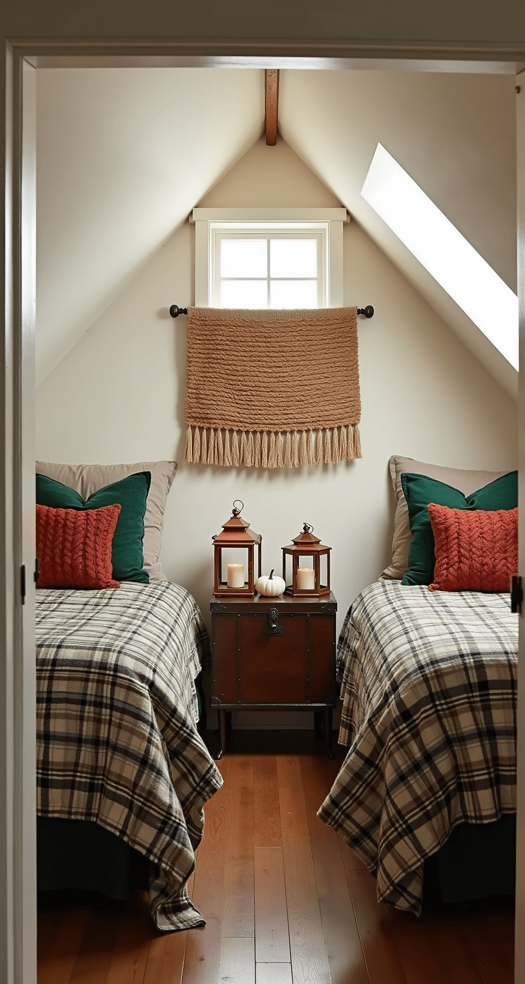 Cozy Fall Bedroom Decor: Transform Your Space with Warmth and Style Cozy attic bedroom featuring twin beds with plaid wool blankets and cable knit pillows, adorned with a vintage trunk, copper lanterns, and mini white pumpkins, complemented by a woven wall hanging in autumn colors, captured through a doorway with warm natural light illuminating the triangular room geometry.