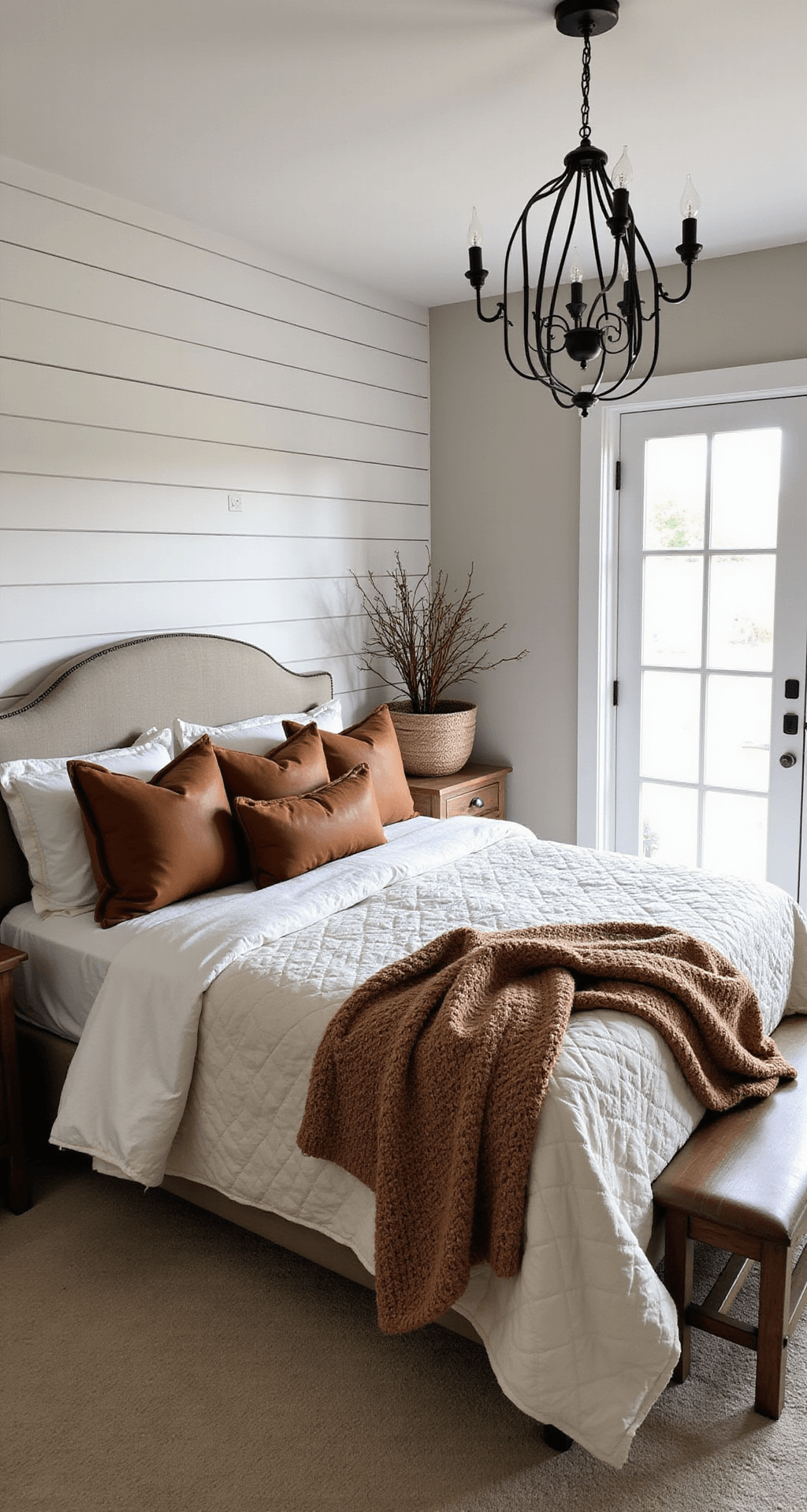 Cozy Fall Bedroom Decor: Transform Your Space with Warmth and Style Modern farmhouse bedroom featuring a shiplap accent wall and French doors, showcasing a California king bed with quilted neutral bedding, leather lumbar pillows, and chunky knit throws in warm spice tones, complemented by a black metal chandelier and oversized woven baskets filled with preserved fall branches.