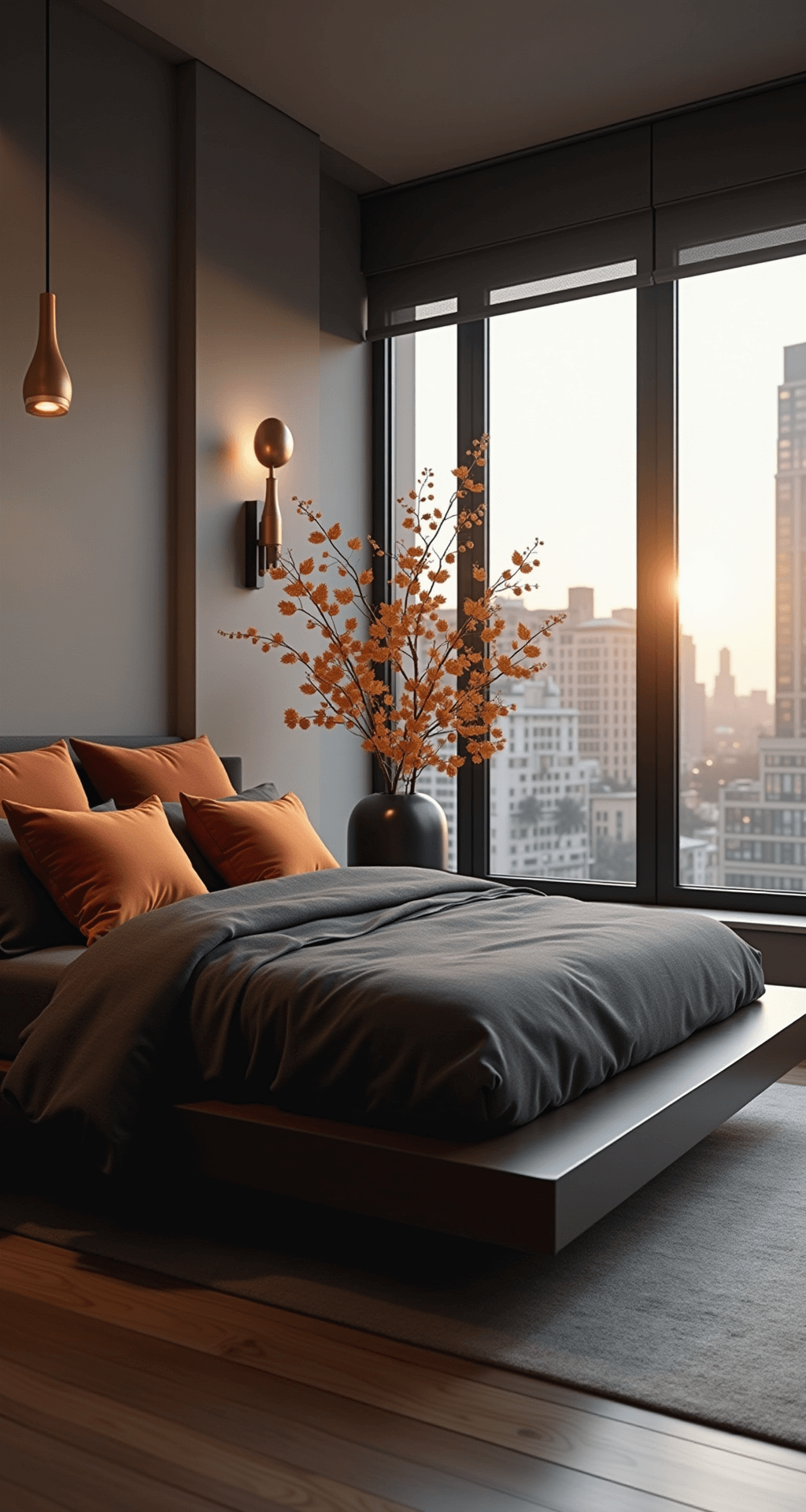 Cozy Fall Bedroom Decor: Transform Your Space with Warmth and Style Contemporary bedroom featuring floor-to-ceiling windows with a city view, a charcoal linen platform bed with rust-amber pillows, metallic copper pendant lights, and dried oak leaves in black ceramic vessels, captured from a low angle during golden hour.