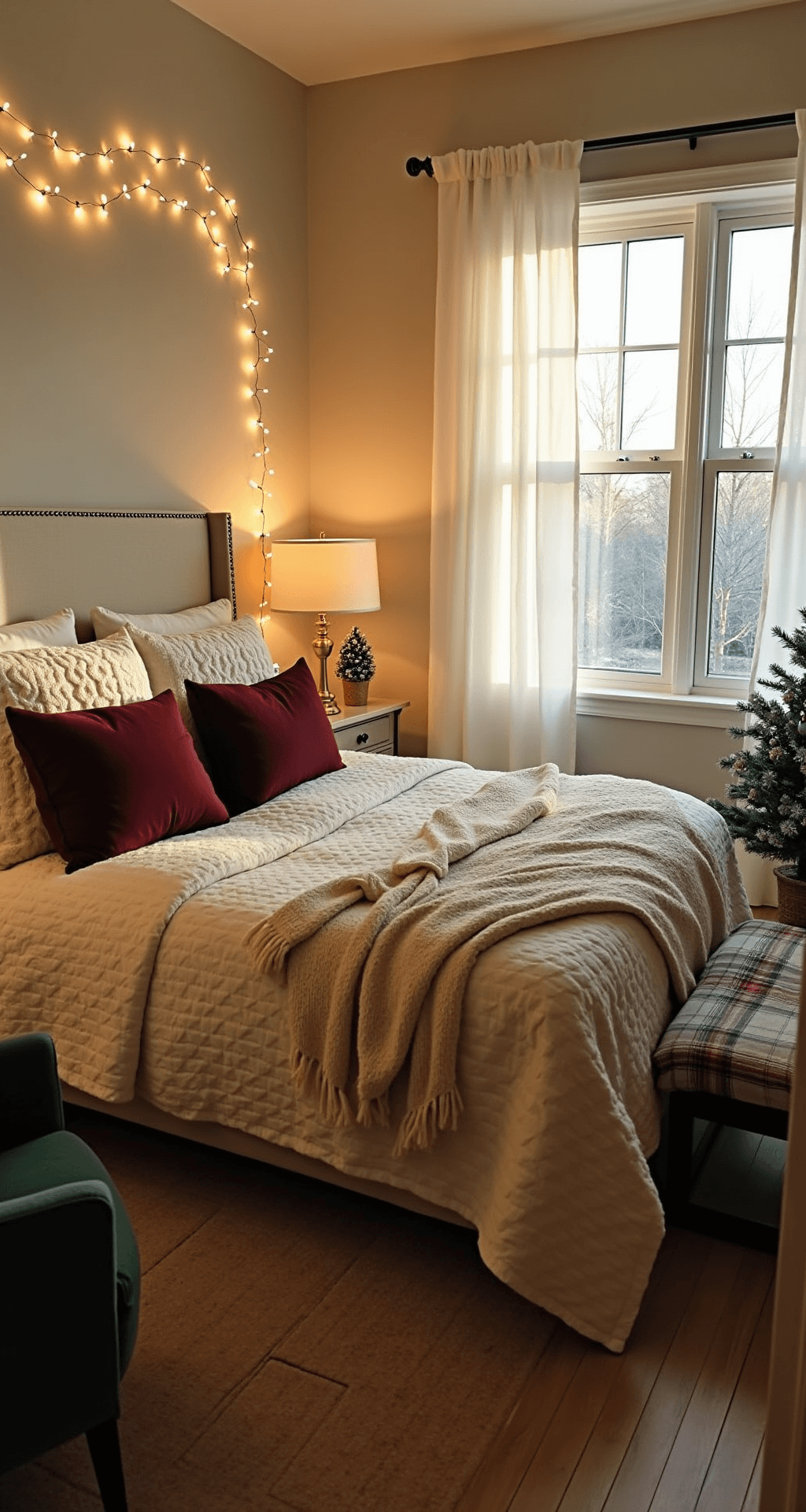 Magical Christmas Bedroom Decor: Transform Your Space into a Festive Haven A warm and inviting master bedroom at golden hour, featuring a queen bed with cream throws and burgundy pillows, illuminated by soft string lights. Frost-kissed windows allow light to pour in, while a vintage brass lamp casts a gentle glow. A forest green accent chair with a tartan blanket adds a cozy touch. A miniature Christmas tree adorned with tiny ornaments sits on the nightstand, enhancing the festive ambiance.