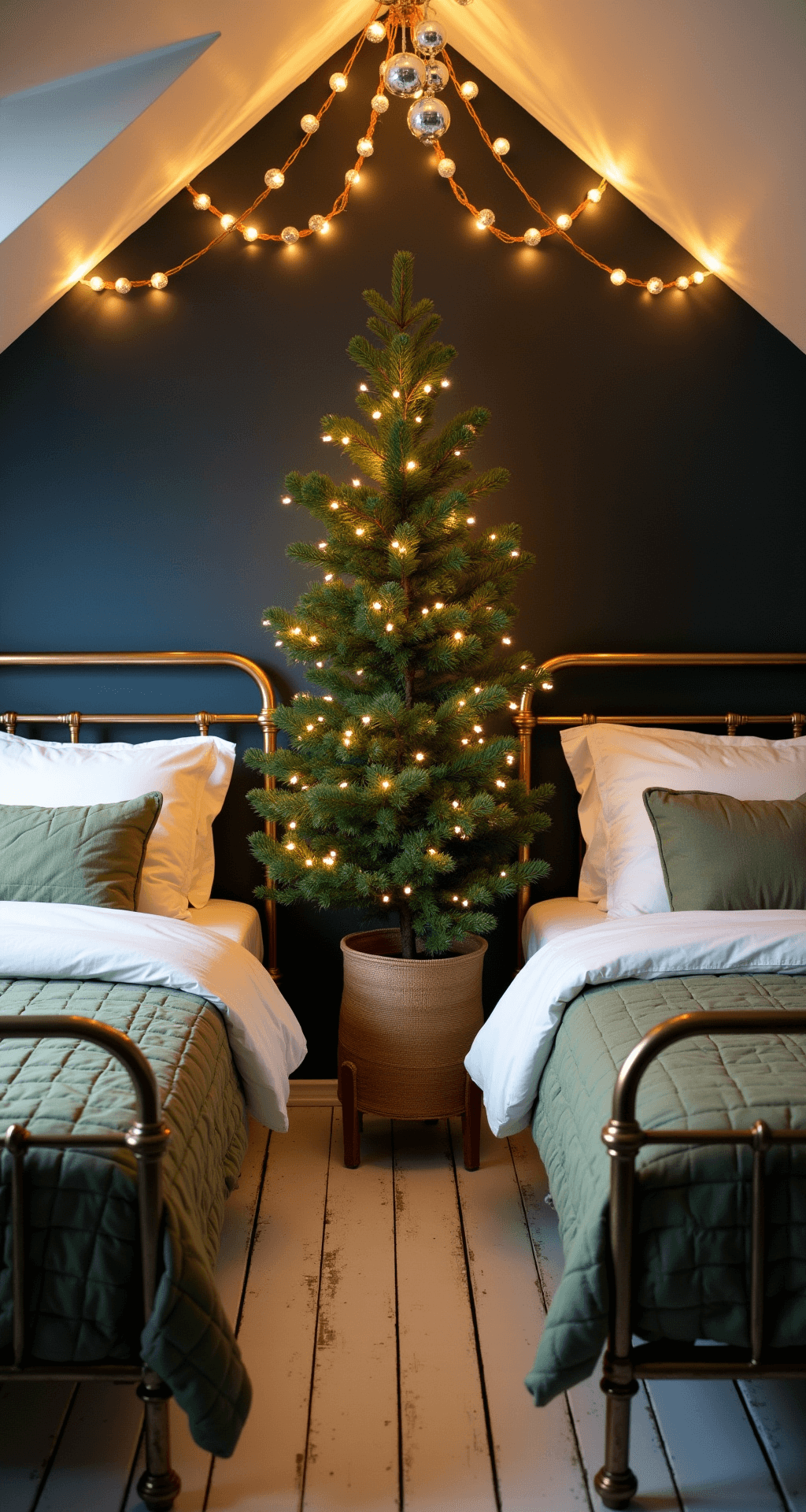 Magical Christmas Bedroom Decor: Transform Your Space into a Festive Haven A cozy guest bedroom featuring twin brass beds with white linens and sage green quilts, illuminated by copper wire fairy lights and reflecting off mercury glass surfaces. The room has weathered white wooden floors and deep navy walls, with a small Norfolk pine wrapped in burlap between the beds. Vintage silver ornaments hang from the ceiling, all captured from a 45-degree angle to highlight the symmetrical arrangement.