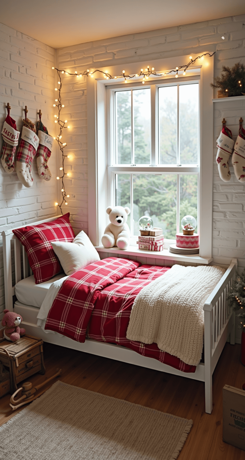 Magical Christmas Bedroom Decor: Transform Your Space into a Festive Haven A cozy children's bedroom featuring a white wooden twin bed with red buffalo check bedding and a cream chunky knit throw, illuminated by morning light. Fairy lights form a magical canopy above, while a vintage sled in the corner displays wrapped presents. The white-painted brick wall adorned with hanging stockings serves as a backdrop, and a wooden dresser topped with a snow globe collection reflects the light. A plush polar bear is seated in a reading nook, enhancing the storybook ambiance.