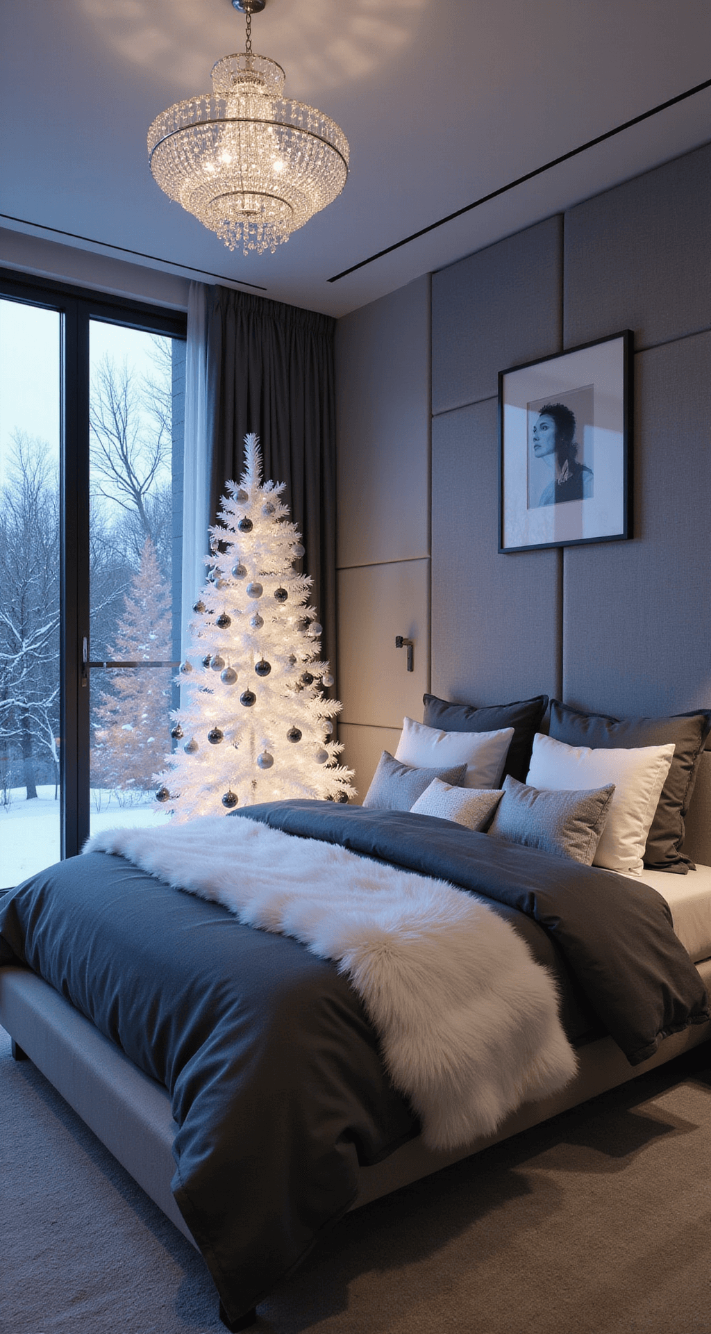 Magical Christmas Bedroom Decor: Transform Your Space into a Festive Haven Modern primary suite at twilight featuring a platform king bed in charcoal linen, white faux fur throws, and silver metallic accent pillows, with a minimal white Christmas tree glowing in the corner and floor-to-ceiling windows framing a snowy view. The elevated shot highlights clean lines, a crystal chandelier casting dramatic shadows, and a cool gray and ice blue color palette with geometric patterns juxtaposed against organic holiday elements.