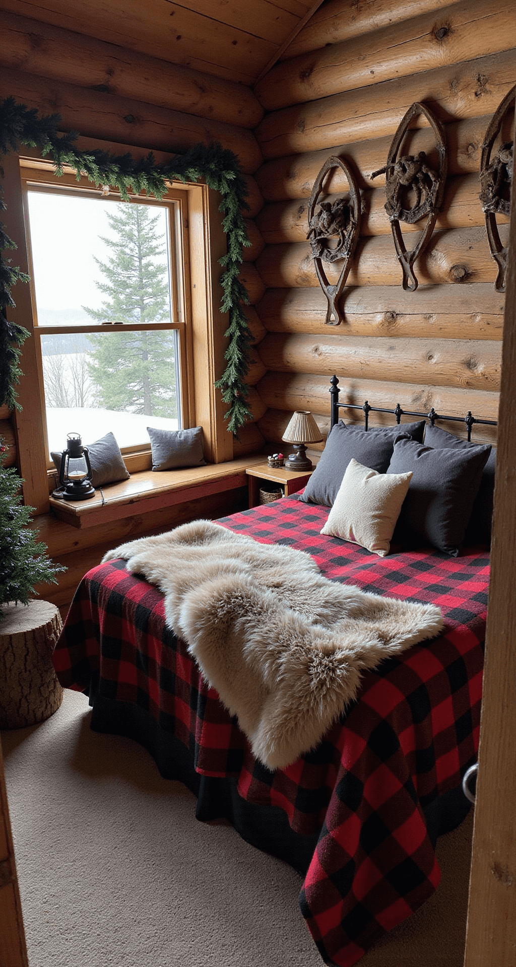 Magical Christmas Bedroom Decor: Transform Your Space into a Festive Haven Rustic mountain cabin bedroom featuring rough-hewn log walls, an iron bed with red/black plaid blankets, antique snowshoes, and a pine garland. A pine tree with vintage ornaments sits in the corner, with a cozy window seat filled with pillows overlooking a snowy landscape. Warm light from oil lanterns enhances the natural woodsy ambiance.