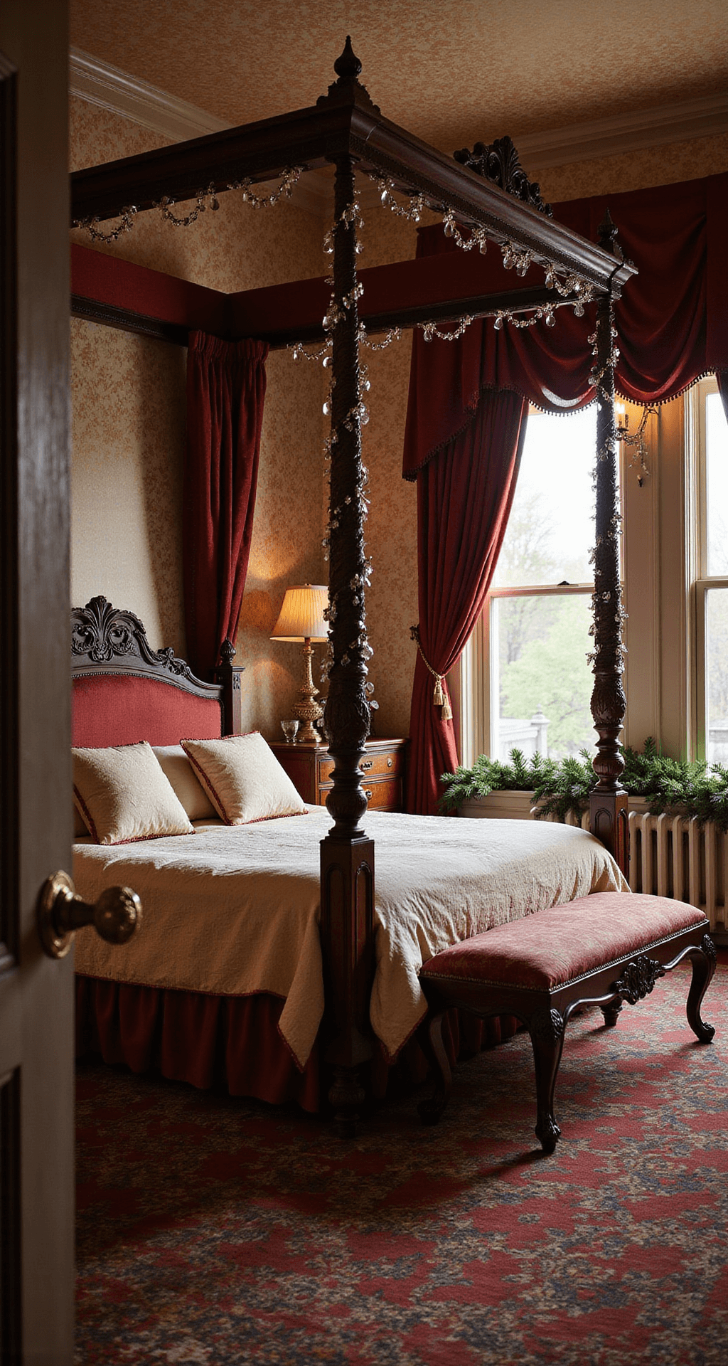 Magical Christmas Bedroom Decor: Transform Your Space into a Festive Haven A Victorian guest room at sunset featuring a four-poster bed with burgundy curtains and cream bedding, flanked by crystal-draped mini trees. An antique dresser showcases mercury glass, while rich jewel tones and aged metallic finishes create an opulent atmosphere. The bay window seat, trimmed in pine garland, and candlelight reflecting off gilt mirrors enhance the ornate details visible from the doorway.