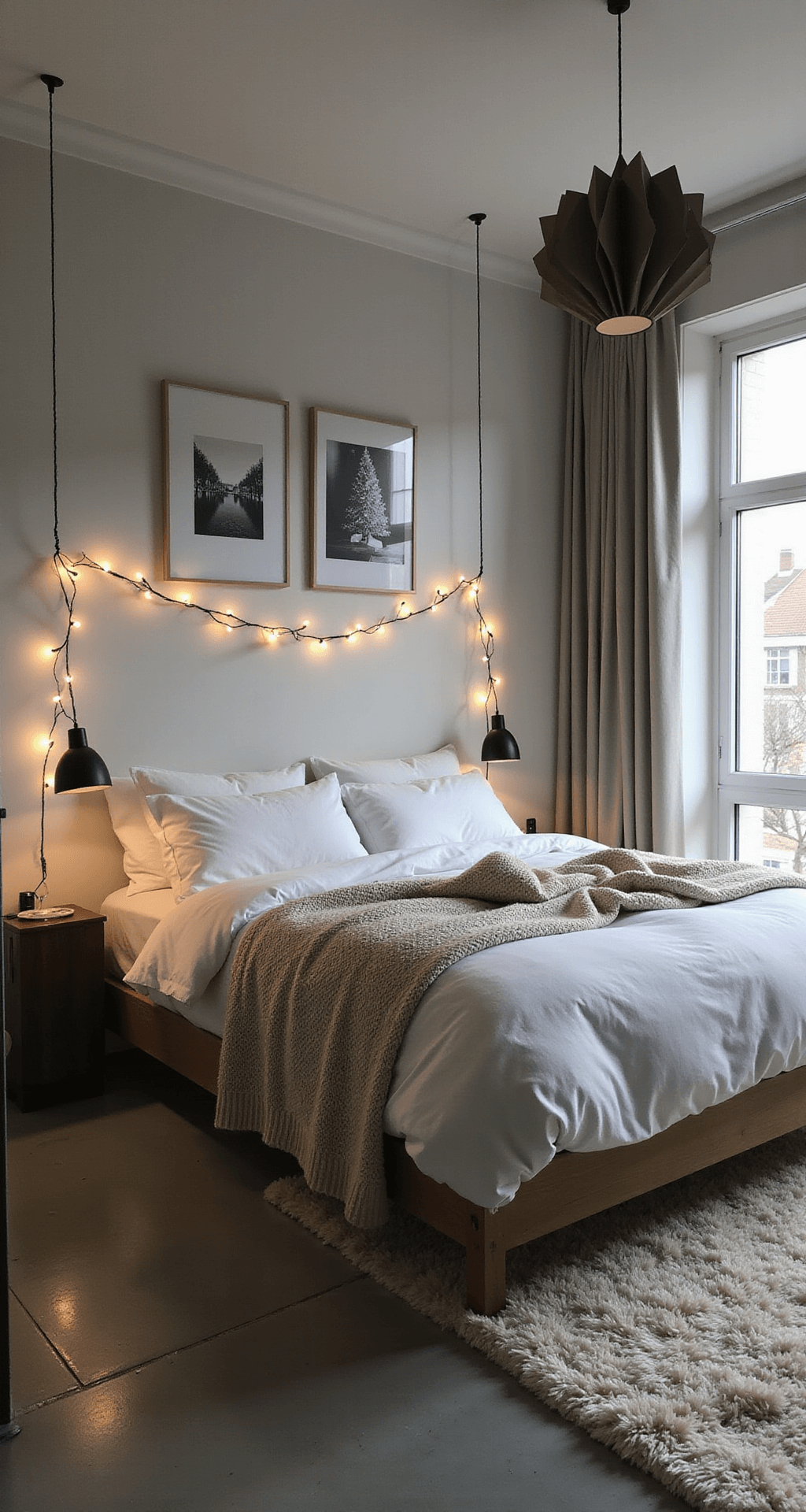 Magical Christmas Bedroom Decor: Transform Your Space into a Festive Haven A minimalist bedroom featuring a low platform bed with white linen and a cream oversized knit throw, an asymmetrical branch installation with warm lights above, black and white holiday photographs on the walls, and a single oversized paper star pendant light. The concrete floors are softened by a flokati rug, creating a monochromatic palette with subtle sparkle accents, viewed from a corner to highlight the negative space.