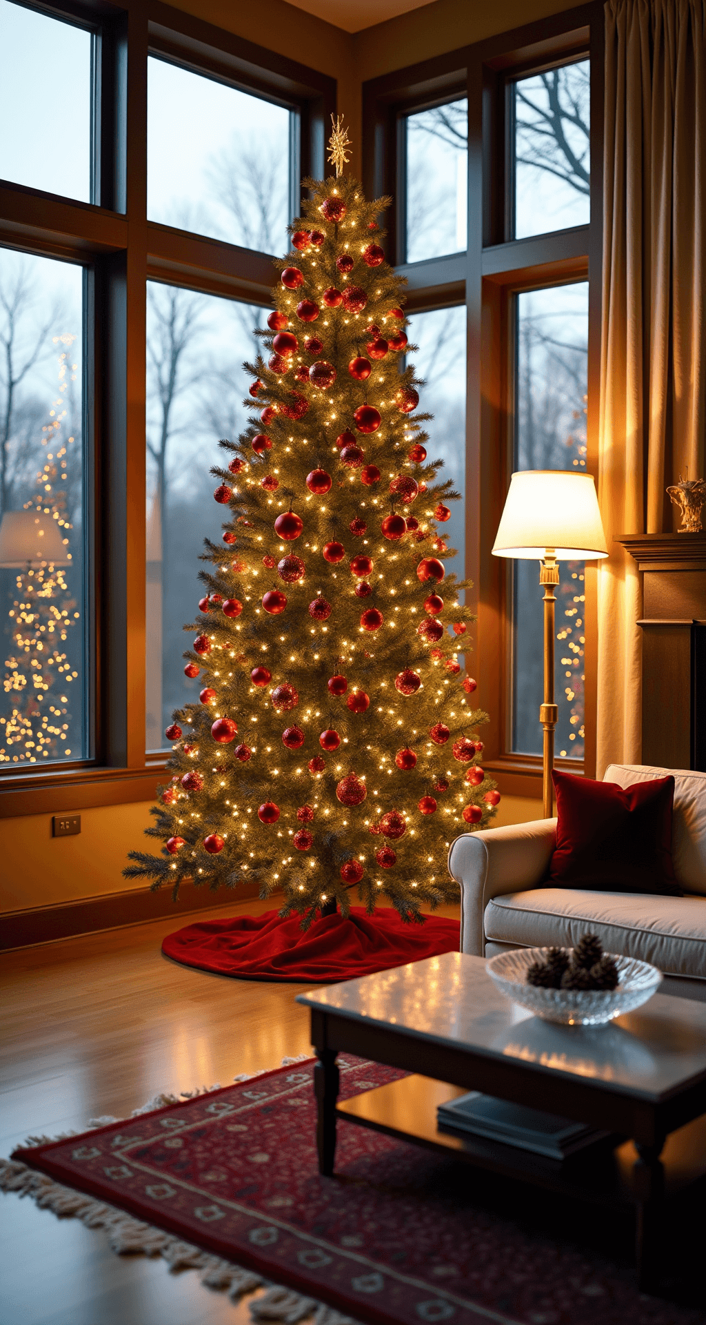 Christmas Tree Wallpapers: Transforming Your Digital Space into a Festive Haven A modern living room featuring a 9ft Christmas tree with vintage red and gold ornaments, illuminated by warm LED string lights, viewed from a corner angle. Plush cream sectional with burgundy pillows, brass floor lamp, and heritage oak flooring are showcased in the golden hour light, creating a cozy atmosphere with the tree's reflection in the soaring windows.