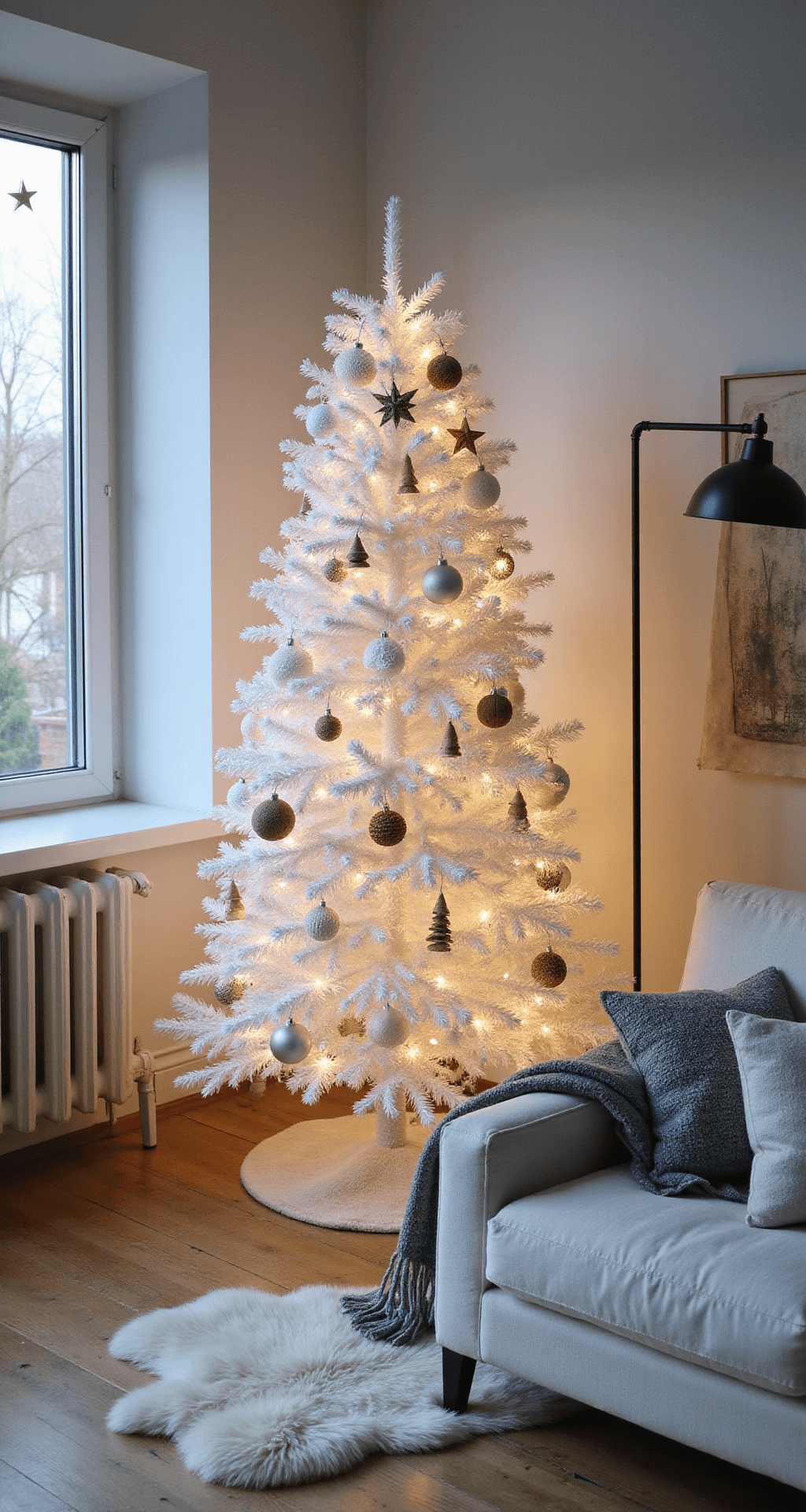 Christmas Tree Wallpapers: Transforming Your Digital Space into a Festive Haven A minimalist Nordic-inspired living space at dusk featuring light gray walls and blonde wood floors, with a 7ft white artificial tree adorned with natural wood ornaments and simple lights. A white linen sofa with gray wool throws sits alongside a black metal floor lamp, under soft natural light blended with warm LED uplighting. A sheepskin rug is placed beneath the tree, and a single paper star light hangs in the window, emphasizing clean lines and negative space.
