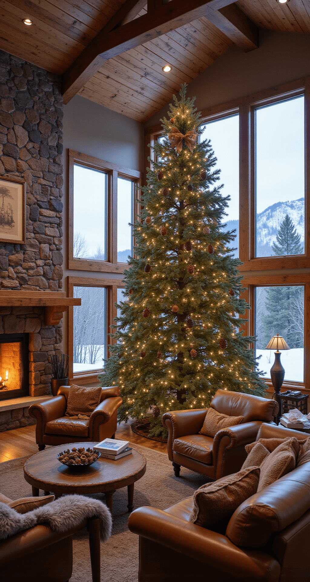 Christmas Tree Wallpapers: Transforming Your Digital Space into a Festive Haven A spacious great room in a mountain cabin featuring a 12ft fresh-cut pine tree decorated with pinecones, burlap ribbon, and warm white lights, with snow-covered peaks visible through floor-to-ceiling windows. The room includes a stone fireplace, cognac leather sofas, and faux fur throws, under a timber beam ceiling, all illuminated by cool natural light and warm interior lighting.