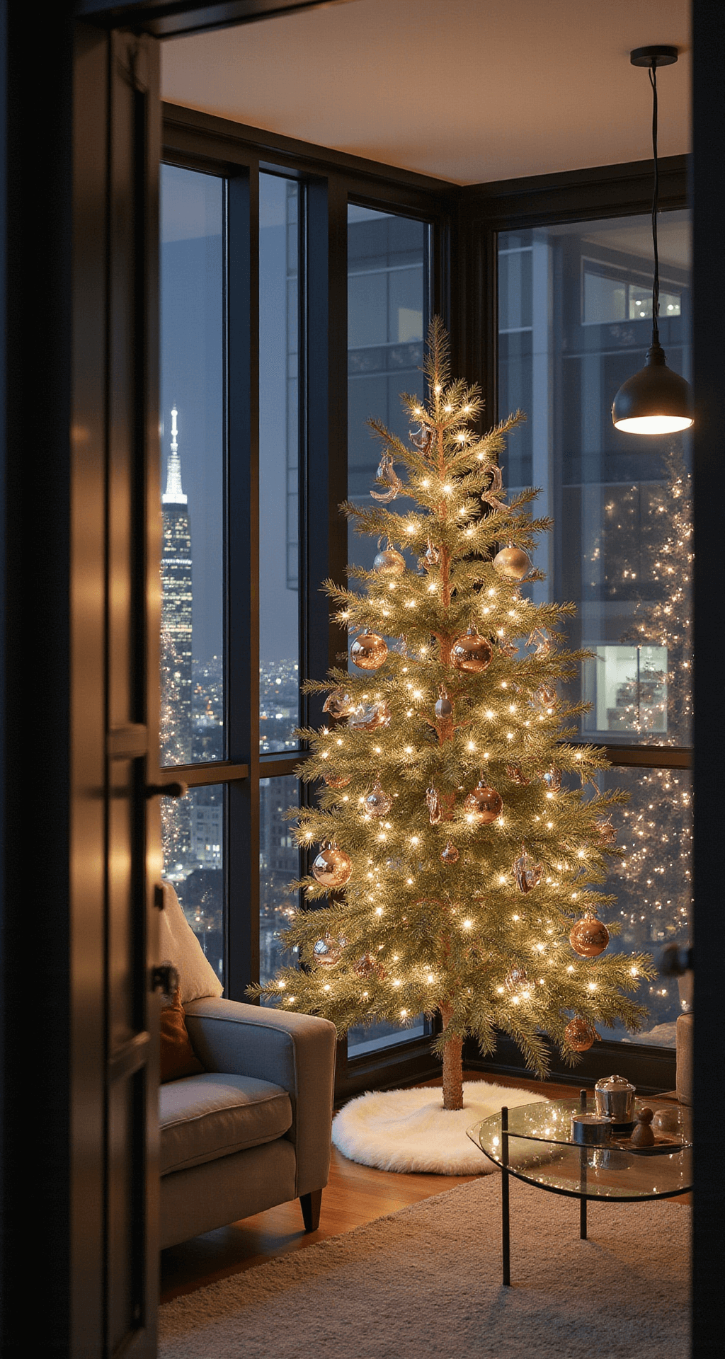 Christmas Tree Wallpapers: Transforming Your Digital Space into a Festive Haven A compact urban living room at night featuring a 6ft slim artificial tree adorned with rose gold and copper ornaments, a white faux fur tree skirt, and a gray velvet loveseat. A glass coffee table reflects the city lights twinkling beyond the floor-to-ceiling windows, while mixed lighting from tree lights, city glow, and a modern pendant lamp creates a cozy atmosphere. The view captures the city skyline from a doorway angle.