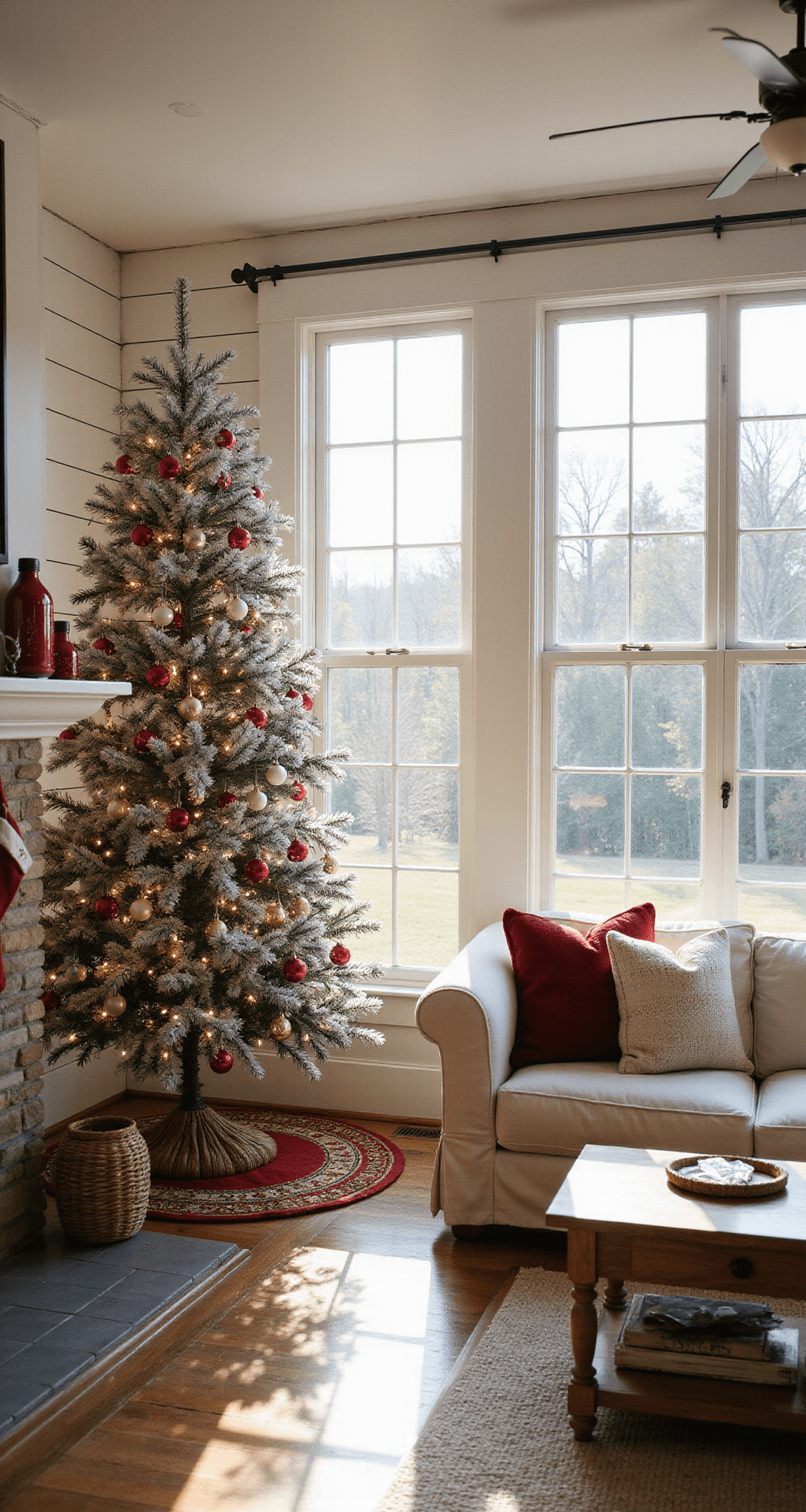 Christmas Tree Wallpapers: Transforming Your Digital Space into a Festive Haven A cozy farmhouse family room at sunrise, featuring a flocked Christmas tree adorned with vintage glass ornaments, white shiplap walls, reclaimed wood floors, and a stone fireplace with stockings, all illuminated by natural light streaming through the windows.