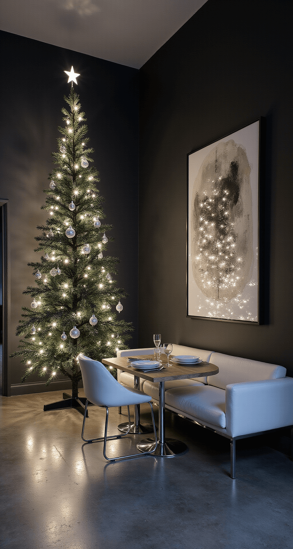 Christmas Tree Wallpapers: Transforming Your Digital Space into a Festive Haven Contemporary open concept space at twilight featuring a slim black artificial tree adorned with white lights and silver ornaments, set against charcoal walls and polished concrete floors. The scene includes white modular seating with chrome accents and abstract art, viewed from the dining area with dramatic uplighting on the tree enhancing the dusky natural light.