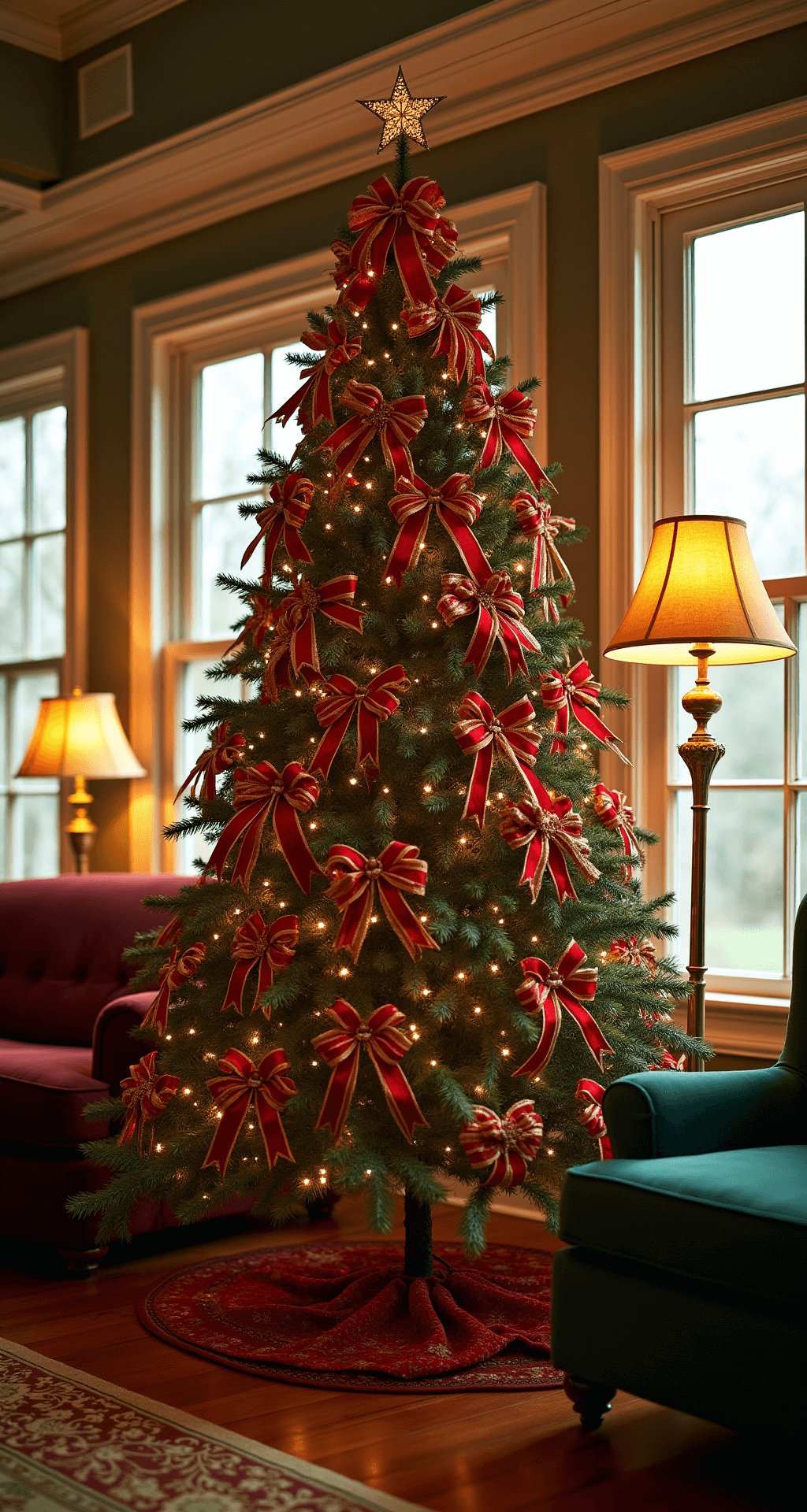 Magical Christmas Tree Bows: Your Ultimate Styling Guide A warmly lit living room featuring a 9ft Noble Fir decorated with red and gold wire-edged ribbon bows, shot from a low angle to emphasize the tree's height. Natural light filters through floor-to-ceiling windows, highlighting the tree's metallic accents. Traditional furnishings in deep burgundy and forest green complement the scene, with vintage brass floor lamps providing warm lighting. The room's crown molding and hardwood floors enhance its architectural elegance.