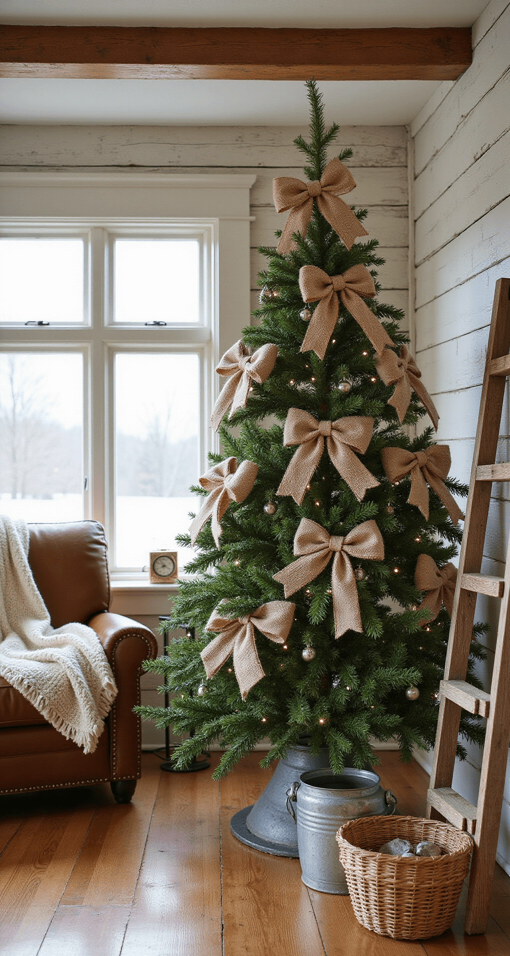 Magical Christmas Tree Bows: Your Ultimate Styling Guide Cozy farmhouse-style family room with a Fraser Fir tree adorned with burlap and cream ribbon bows, featuring distressed white shiplap walls and warm wooden beams, illuminated by natural light, alongside a vintage ladder, leather armchair, wool throw, and rustic decor.