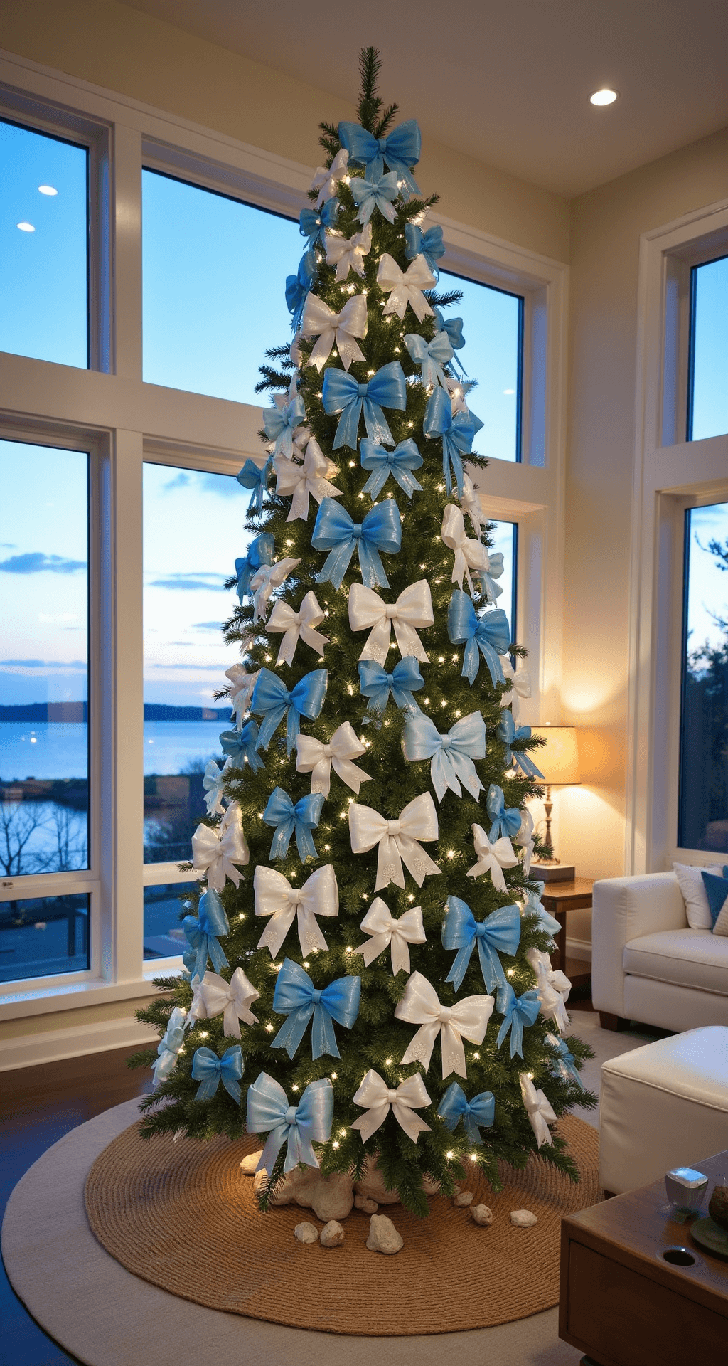Magical Christmas Tree Bows: Your Ultimate Styling Guide A sophisticated great room at dusk featuring a large designer Christmas tree decorated with coastal-themed bows in blue and white, surrounded by white slip-covered furniture, a jute rug, and waterfront views framed by large windows, with shell and driftwood accents, all enhanced by controlled lighting and a soft bokeh effect.