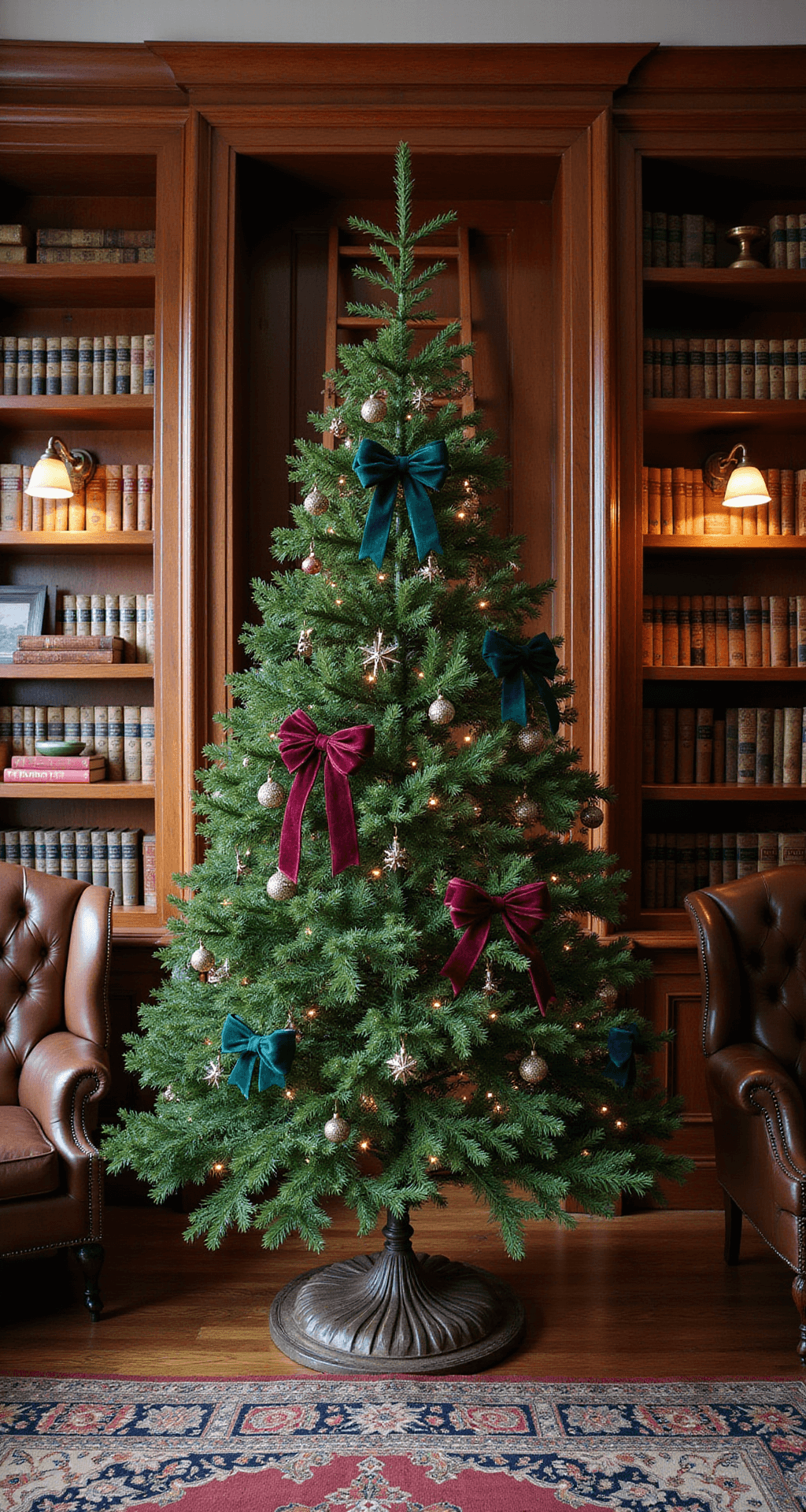 Magical Christmas Tree Bows: Your Ultimate Styling Guide A classic study adorned with a Balsam Fir tree decorated with plaid and velvet bows, illuminated by vintage brass sconces under early evening light, surrounded by rich mahogany bookshelves and leather wing chairs, featuring emerald green and burgundy ribbons, an oriental rug, a library ladder, and oil paintings for a timeless atmosphere.