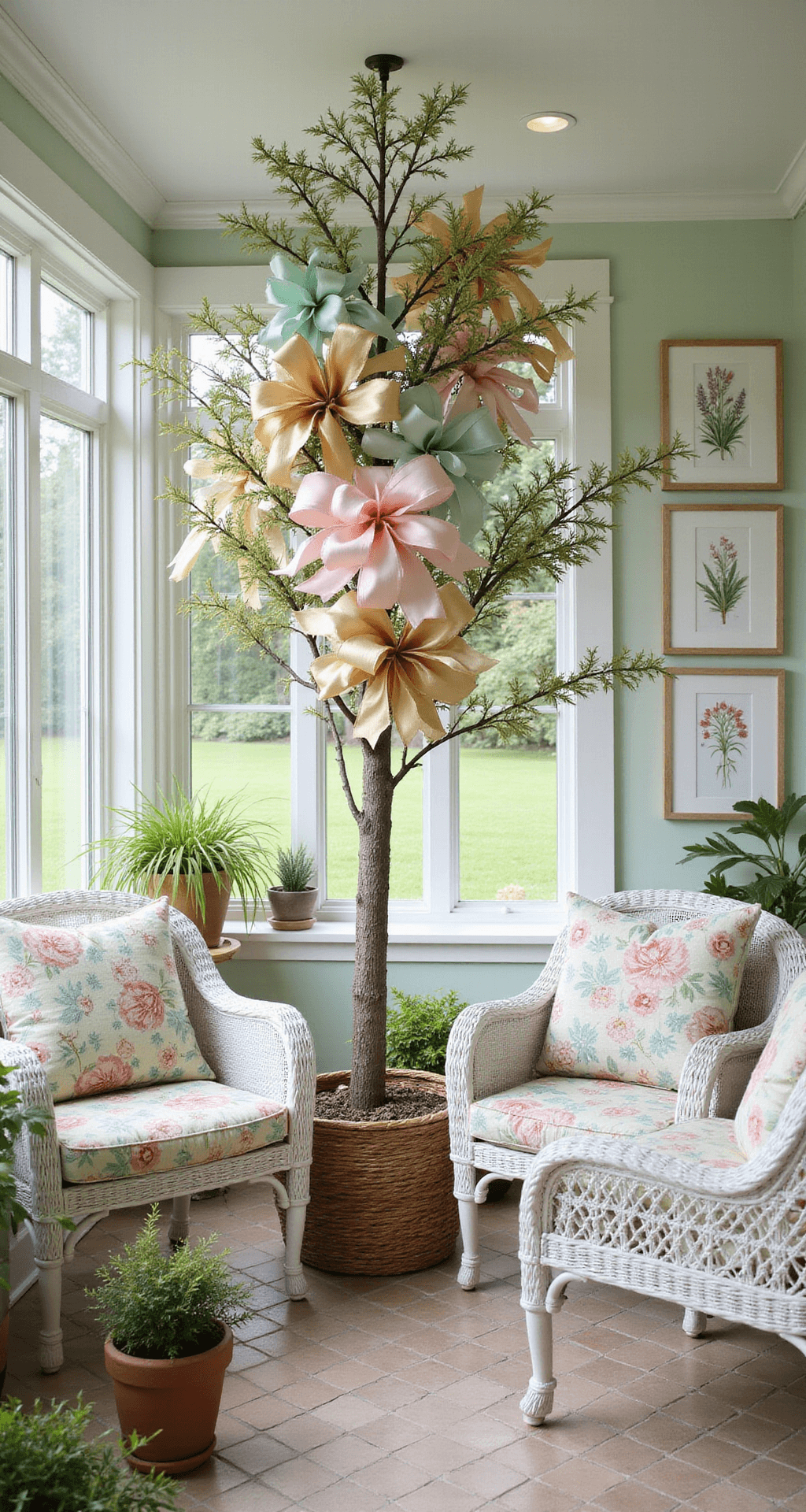 Magical Christmas Tree Bows: Your Ultimate Styling Guide A bright sunroom featuring a 7.5ft tree adorned with whimsical multi-layered designer bows in pastel ribbons of mint, blush, and gold. The scene captures the detail of the bows as morning light streams through wraparound windows, illuminating white wicker furniture with floral cushions, potted plants, and botanical prints, all set on a herringbone tile floor.