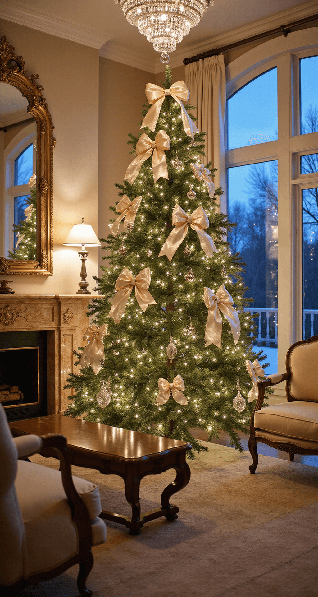 Magical Christmas Tree Bows: Your Ultimate Styling Guide An elegant formal living room featuring a 9.5ft Christmas tree adorned with luxurious champagne and pearl silk bows, captured during blue hour with custom ambient lighting. The scene includes French provincial furniture in cream and gold, a marble fireplace, and ornate mirrors, with prismatic light from a crystal chandelier illuminating metallic ribbon edges. Ivory silk drapes frame tall windows, while a high-end camera captures the intricate craftsmanship of the bows in selective focus.