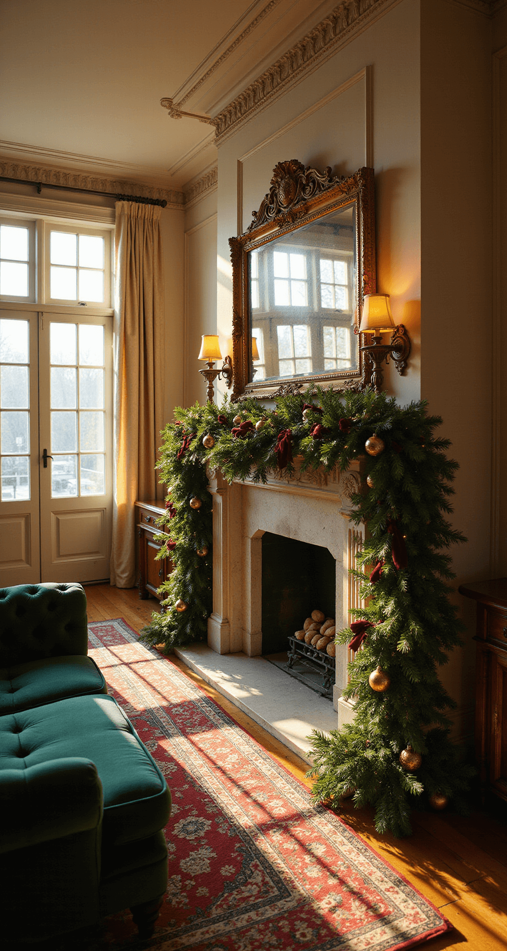 Mastering Christmas Garland Decor: Your Ultimate Styling Guide A grand Victorian living room bathed in golden hour light, featuring a lush evergreen garland with copper lights and burgundy ribbons on an ornate 20-foot mantelpiece, emerald velvet chesterfield sofa, and carved mahogany side tables, set against cream walls with intricate crown molding.