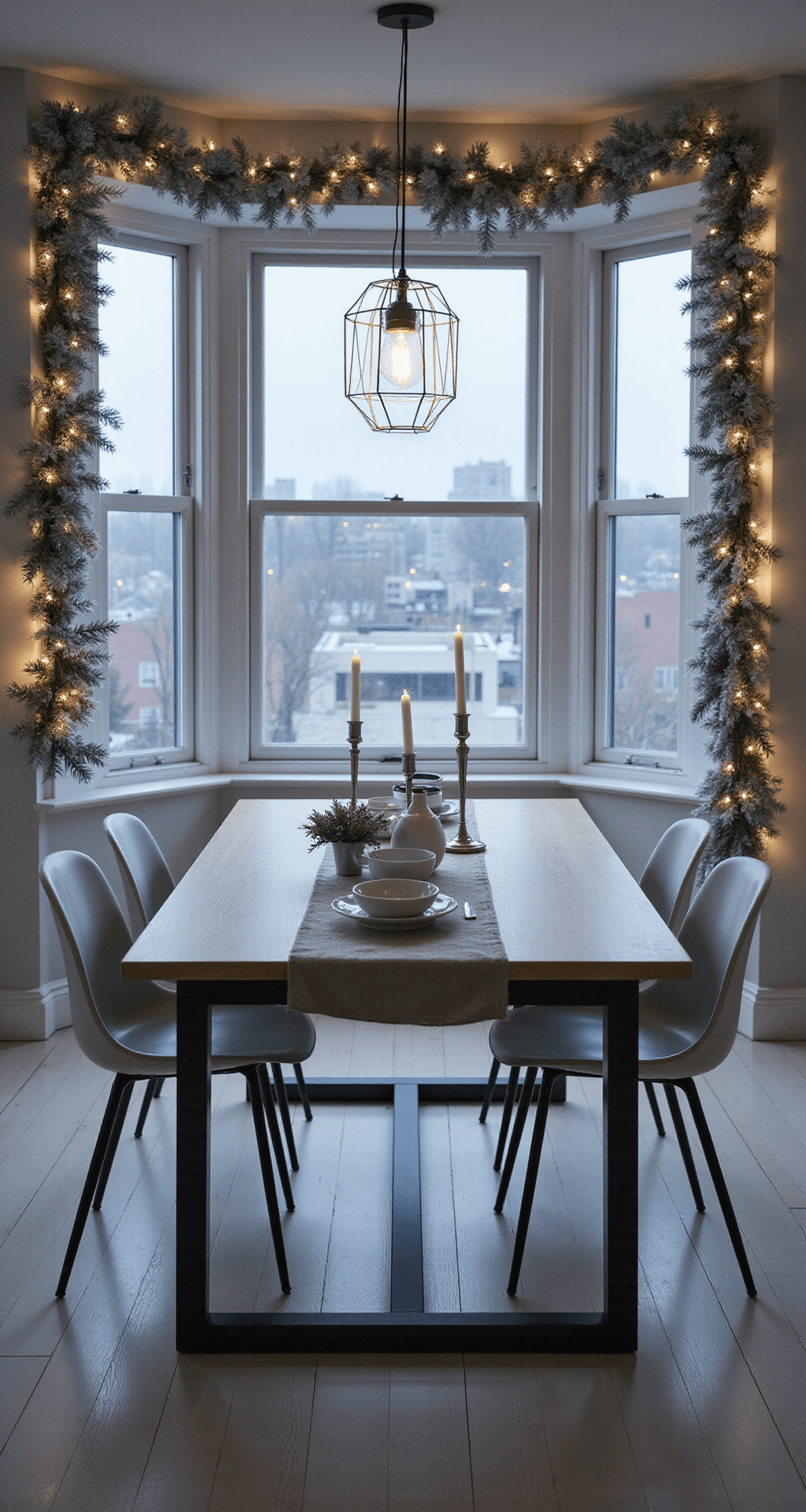 Mastering Christmas Garland Decor: Your Ultimate Styling Guide A minimalist Scandinavian dining room at dusk featuring an 8-foot window framed by a frosted faux garland with LED lights, a pale oak table adorned with a linen runner, white ceramics, and silver candlesticks. The light gray walls and white oak floors complement the geometric pendant light, while the low-angle shot captures the window frames and twinkling city lights outside, evoking a serene winter sophistication.
