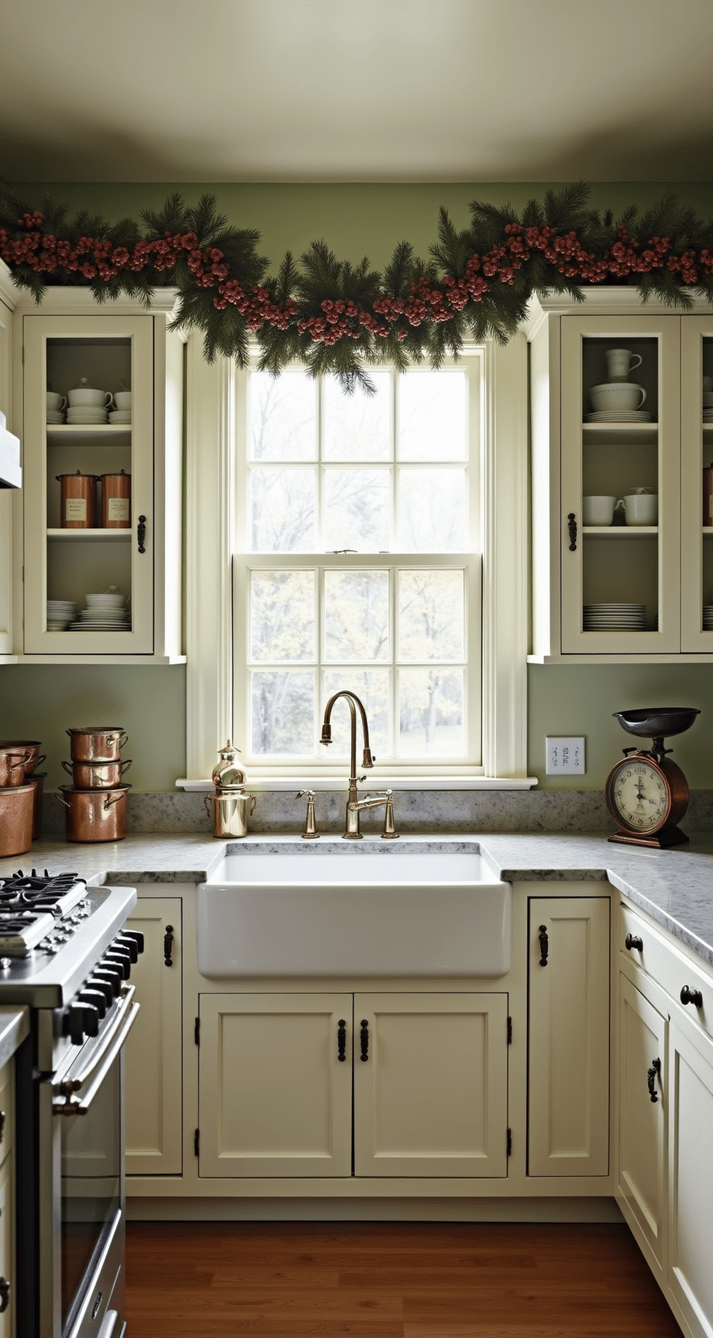 Mastering Christmas Garland Decor: Your Ultimate Styling Guide A cozy cottage kitchen bathed in morning light features white cabinets adorned with a pre-lit garland of red berries and pinecones. The marble counters complement copper pots and vintage canisters, all set against sage green walls and honeyed wood floors. A farmhouse sink is positioned below a window, creating a heartwarming traditional ambiance.