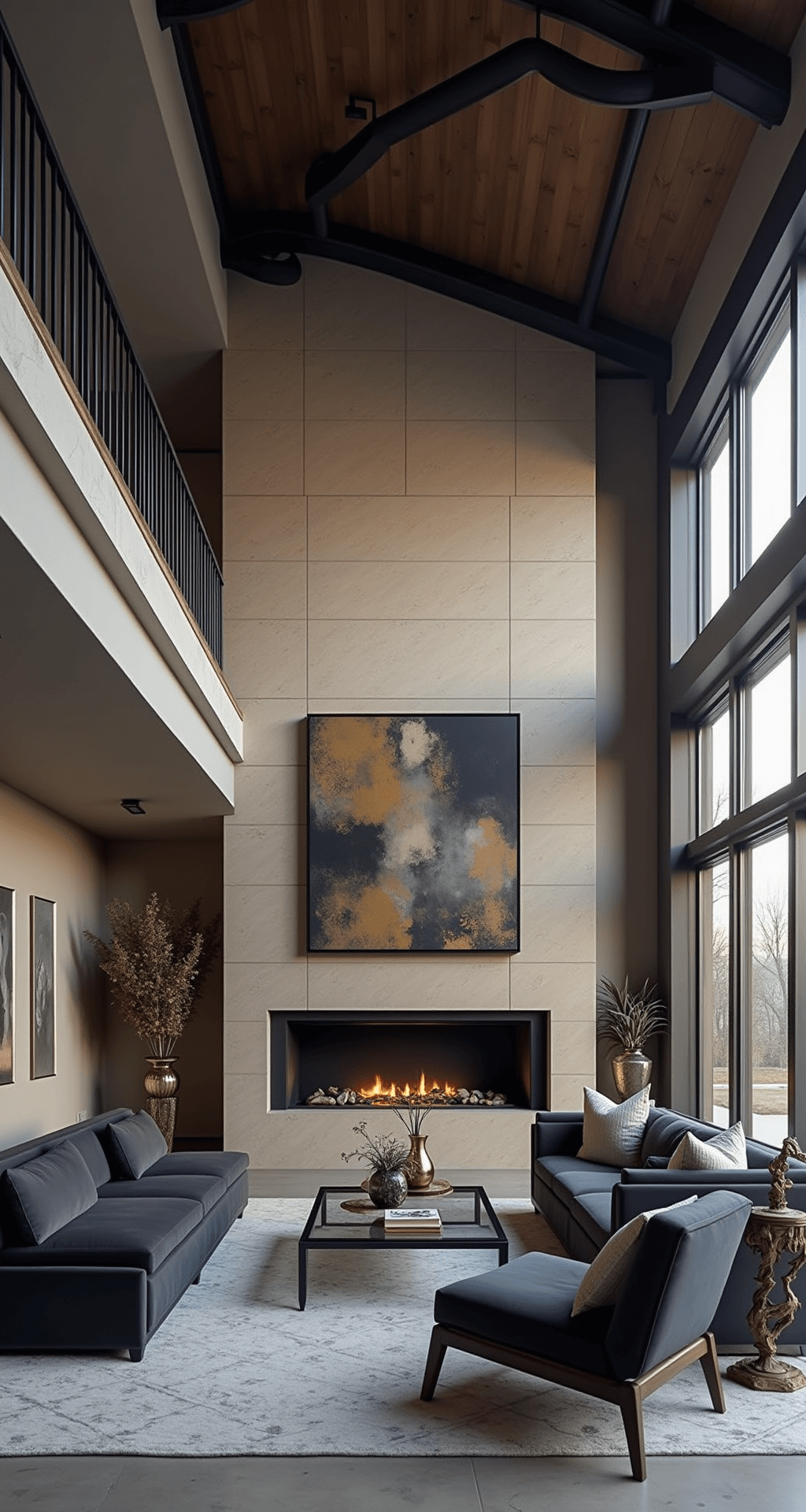 Mastering Christmas Garland Decor: Your Ultimate Styling Guide Contemporary great room at twilight with a 16-foot cathedral ceiling, exposed black beams, and a modern limestone fireplace framed by metallic garland. Features a charcoal sectional, glass coffee table, and abstract art, conveying sophisticated urban luxury.