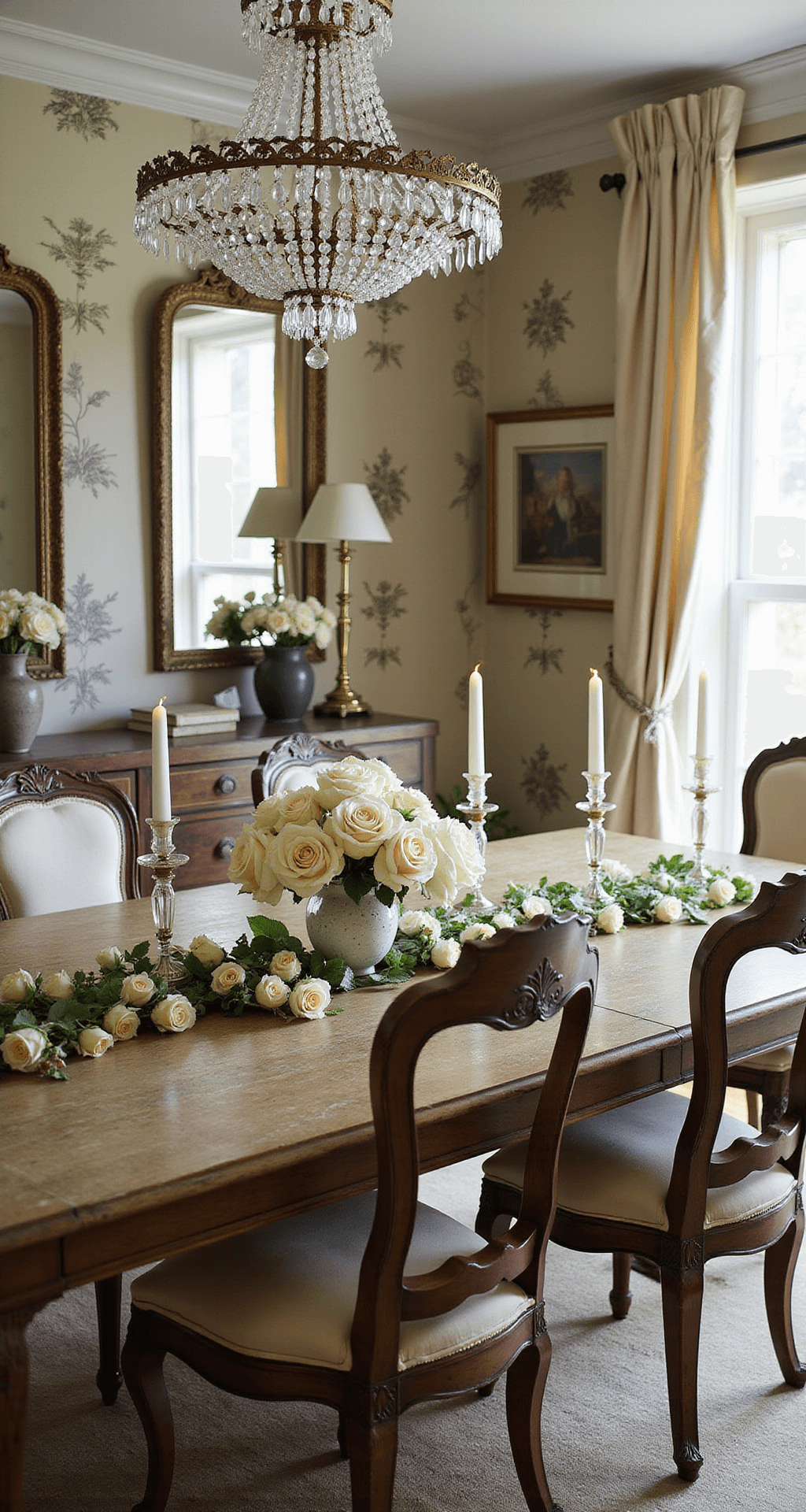 Mastering Christmas Garland Decor: Your Ultimate Styling Guide A romantic French country dining room bathed in afternoon light, featuring a crystal chandelier adorned with a crystal-beaded garland and cream silk roses, reflecting in antique mirrors above a weathered oak table set with Louis chairs upholstered in velvet.