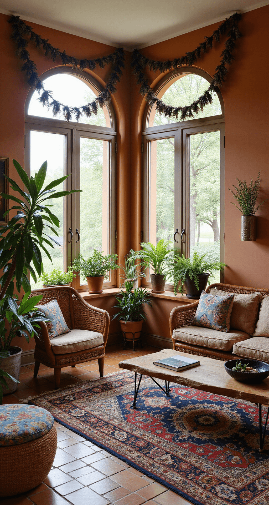 Mastering Christmas Garland Decor: Your Ultimate Styling Guide A sunroom featuring arched windows framed by an eclectic garland of dried flowers, peacock feathers, and vintage glass beads, with rattan furniture and layered Persian rugs. The space is adorned with abundant plants and brass accents, set against terracotta walls and tiles, showcasing a seamless indoor-outdoor flow in an artistic global fusion style.