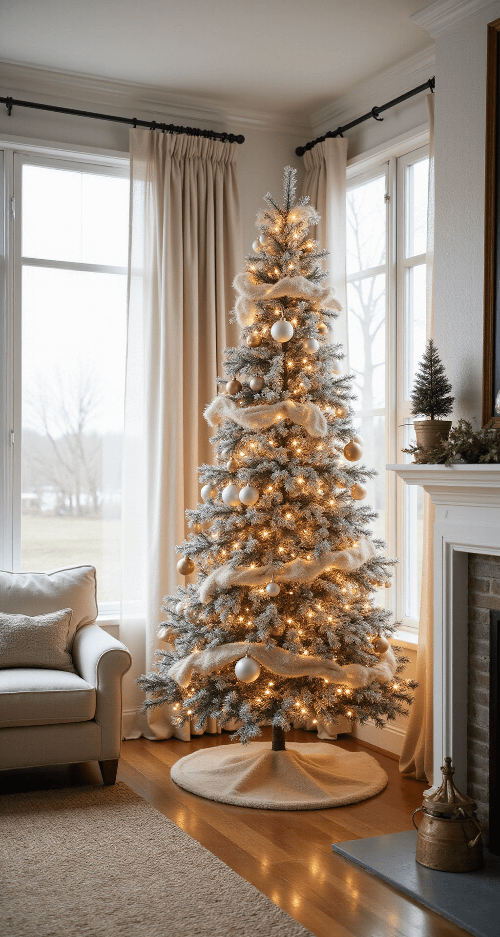 Crafting the Perfect Neutral Christmas Tree: A Minimalist's Guide to Cozy Holiday Decor A spacious living room featuring a large Christmas tree adorned with warm white lights and cream garlands, illuminated by early morning light filtering through sheer curtains, with soft decor and a coastal modern minimalist style.