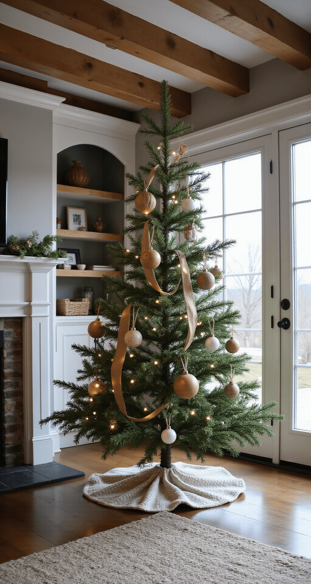 Crafting the Perfect Neutral Christmas Tree: A Minimalist's Guide to Cozy Holiday Decor Cozy family room with exposed wooden beams, showcasing a natural pine tree adorned with handcrafted ornaments, jute ribbon, and frosted glass baubles, set against built-in shelving; warm late afternoon light creates soft shadows, viewed from eye level.
